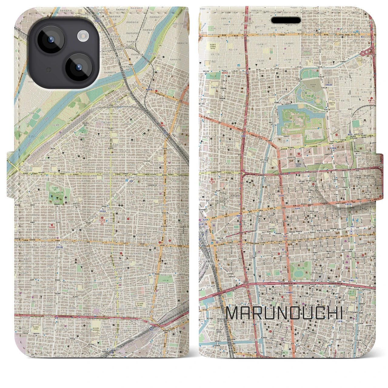 【丸の内(愛知県)】地図柄iPhoneケース(手帳タイプ)ナチュラル・iPhone 14 Plus 用
