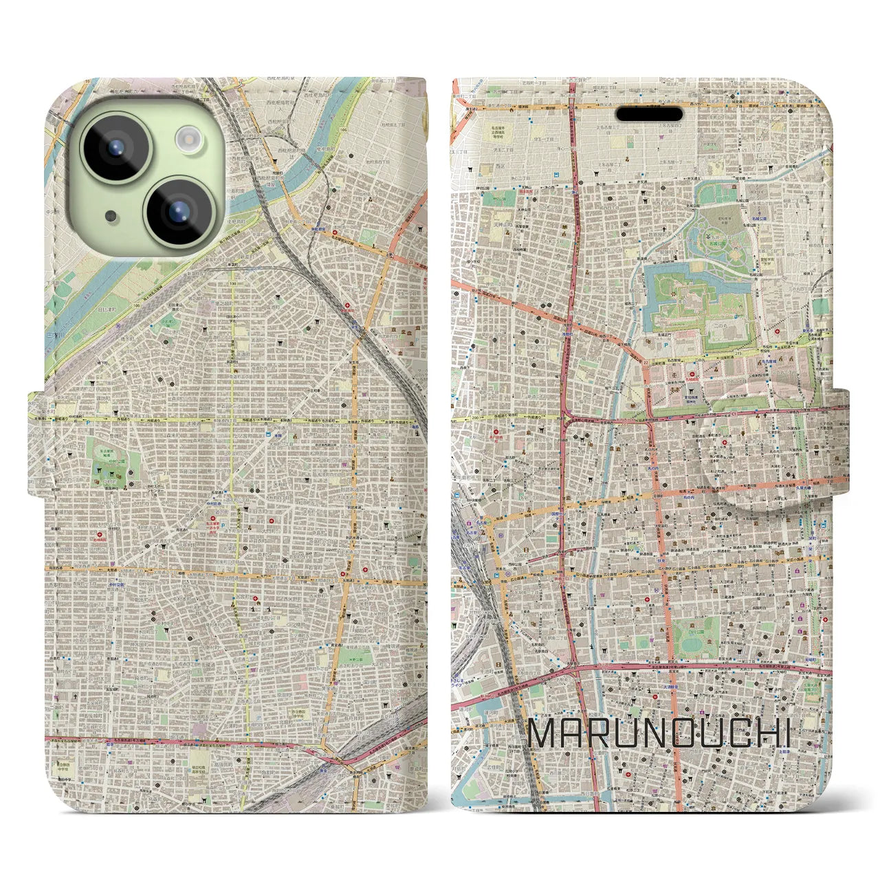 【丸の内(愛知県)】地図柄iPhoneケース(手帳タイプ)ナチュラル・iPhone 15 用