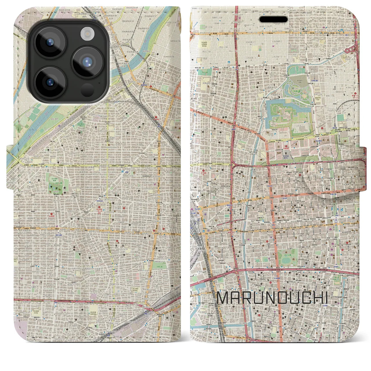【丸の内(愛知県)】地図柄iPhoneケース(手帳タイプ)ナチュラル・iPhone 15 Pro Max 用