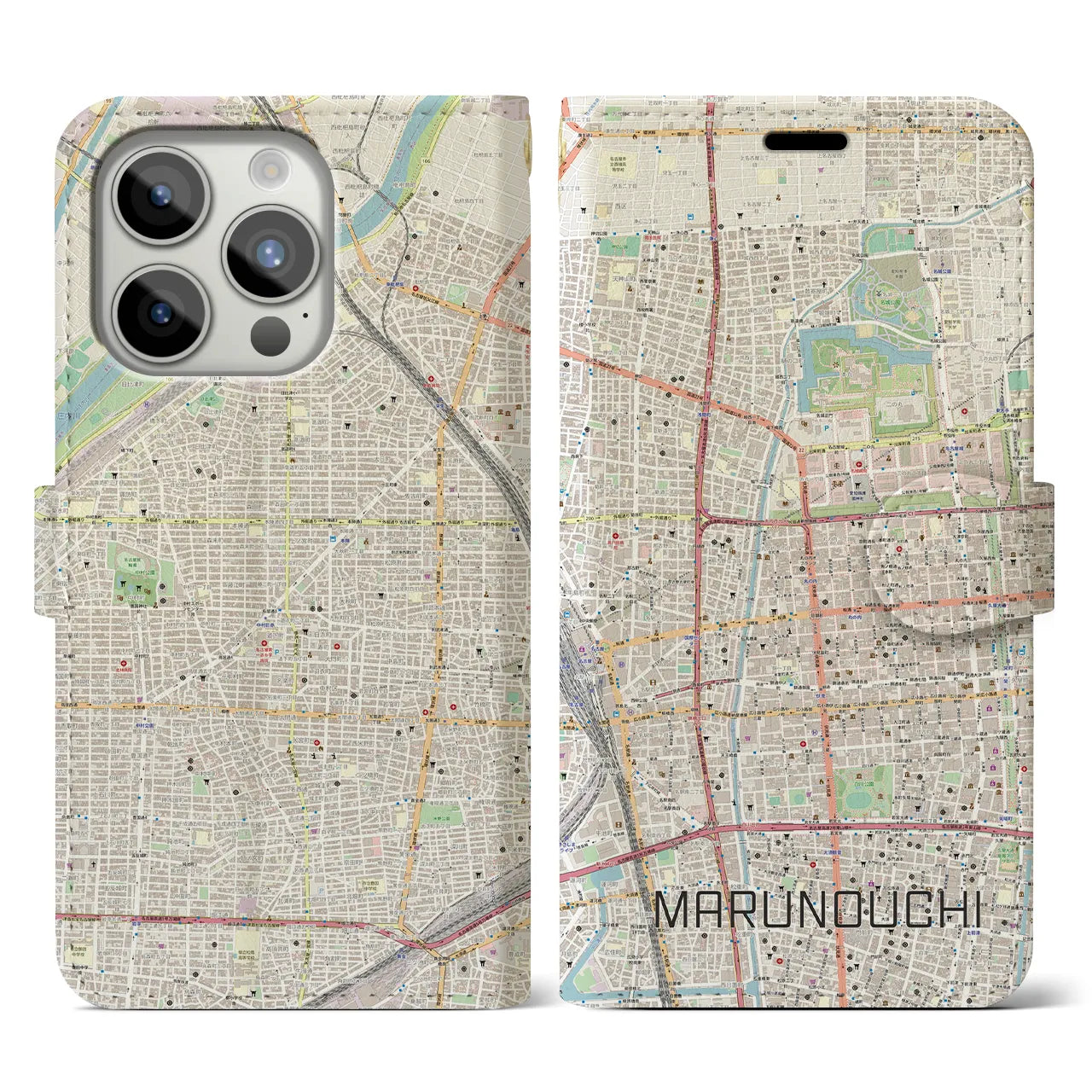 【丸の内(愛知県)】地図柄iPhoneケース(手帳タイプ)ナチュラル・iPhone 15 Pro 用