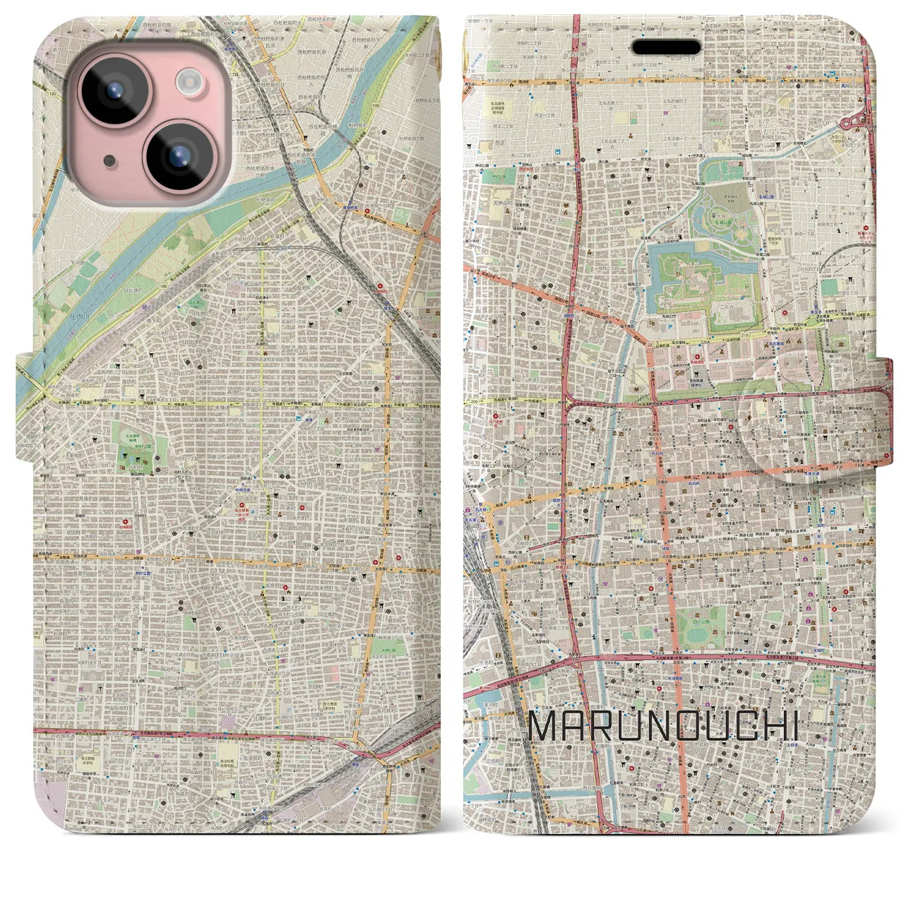 【丸の内(愛知県)】地図柄iPhoneケース(手帳タイプ)ナチュラル・iPhone 15 Plus 用