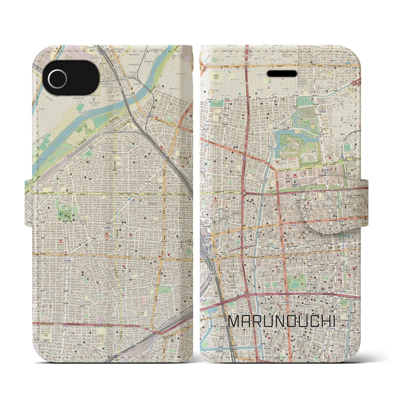 【丸の内(愛知県)】地図柄iPhoneケース(手帳タイプ)ナチュラル・iPhone SE(第3 / 第2世代) / 8 / 7 / 6s / 6 用