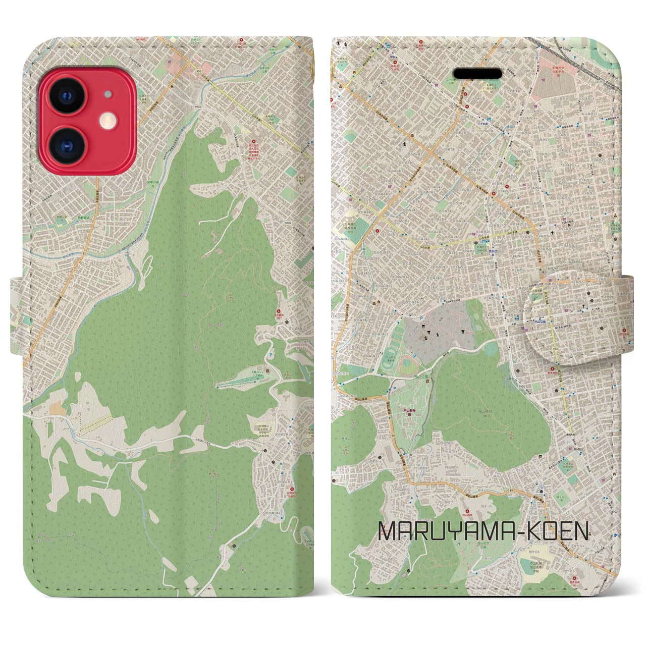 【円山公園(北海道)】地図柄iPhoneケース(手帳タイプ)ナチュラル・iPhone 11 用