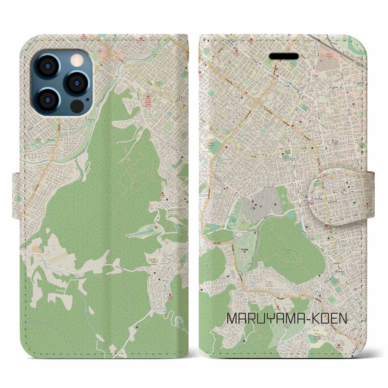 【円山公園(北海道)】地図柄iPhoneケース(手帳タイプ)ナチュラル・iPhone 12 / 12 Pro 用