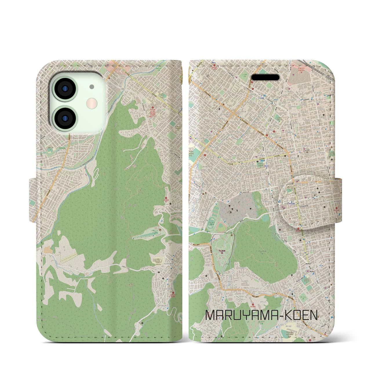 【円山公園(北海道)】地図柄iPhoneケース(手帳タイプ)ナチュラル・iPhone 12 mini 用