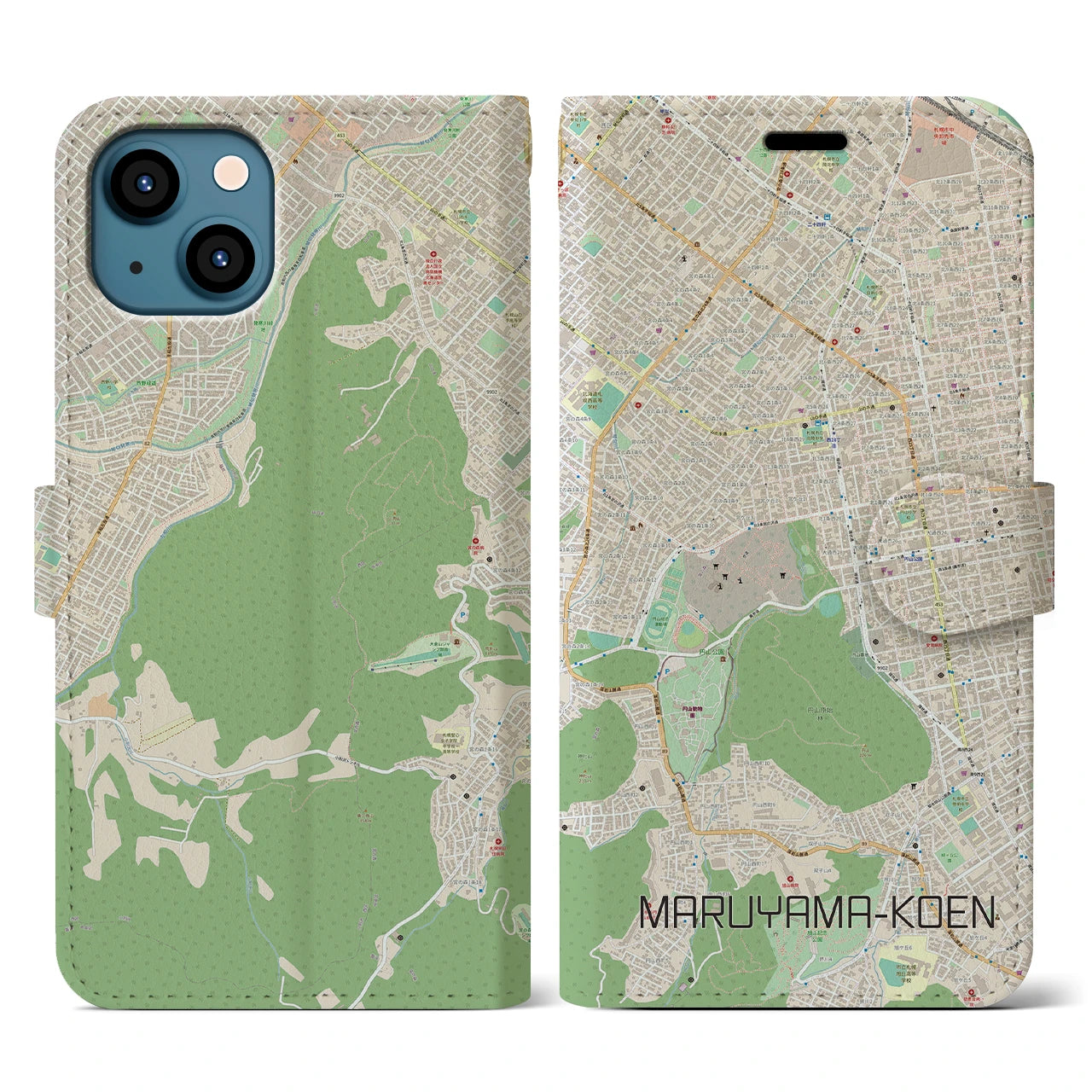 【円山公園(北海道)】地図柄iPhoneケース(手帳タイプ)ナチュラル・iPhone 13 用