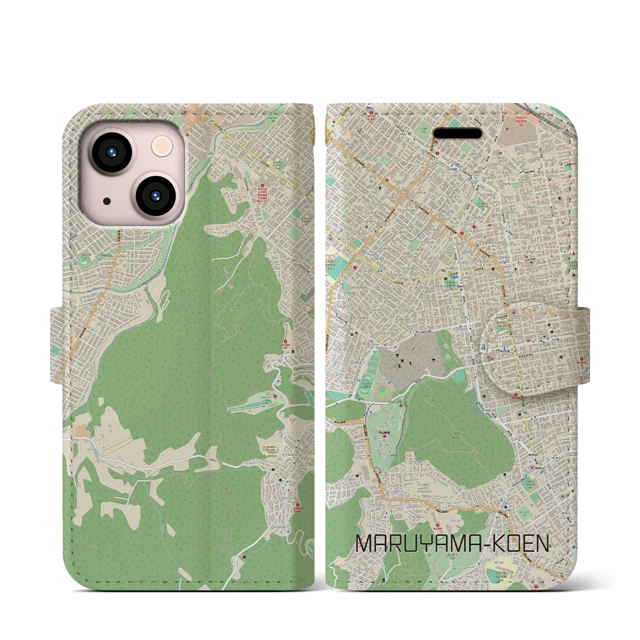 【円山公園(北海道)】地図柄iPhoneケース(手帳タイプ)ナチュラル・iPhone 13 mini 用