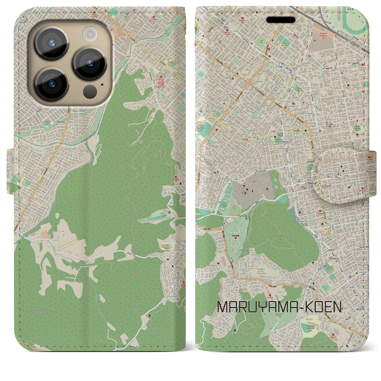 【円山公園(北海道)】地図柄iPhoneケース(手帳タイプ)ナチュラル・iPhone 14 Pro Max 用