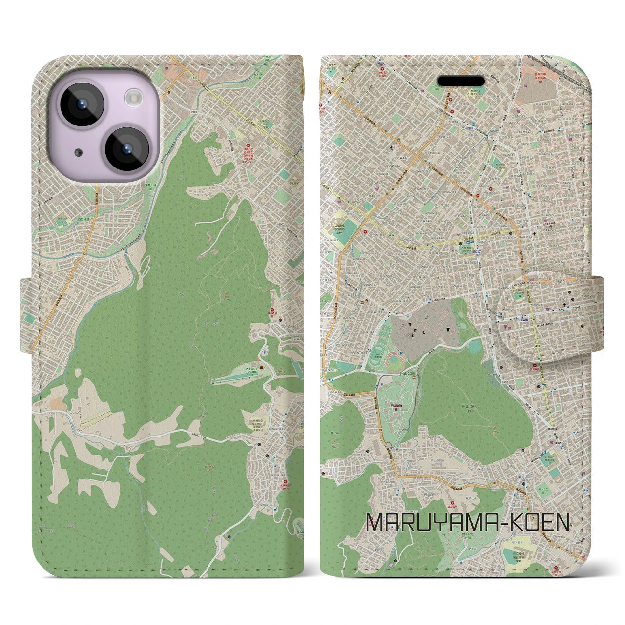 【円山公園(北海道)】地図柄iPhoneケース(手帳タイプ)ナチュラル・iPhone 14 用