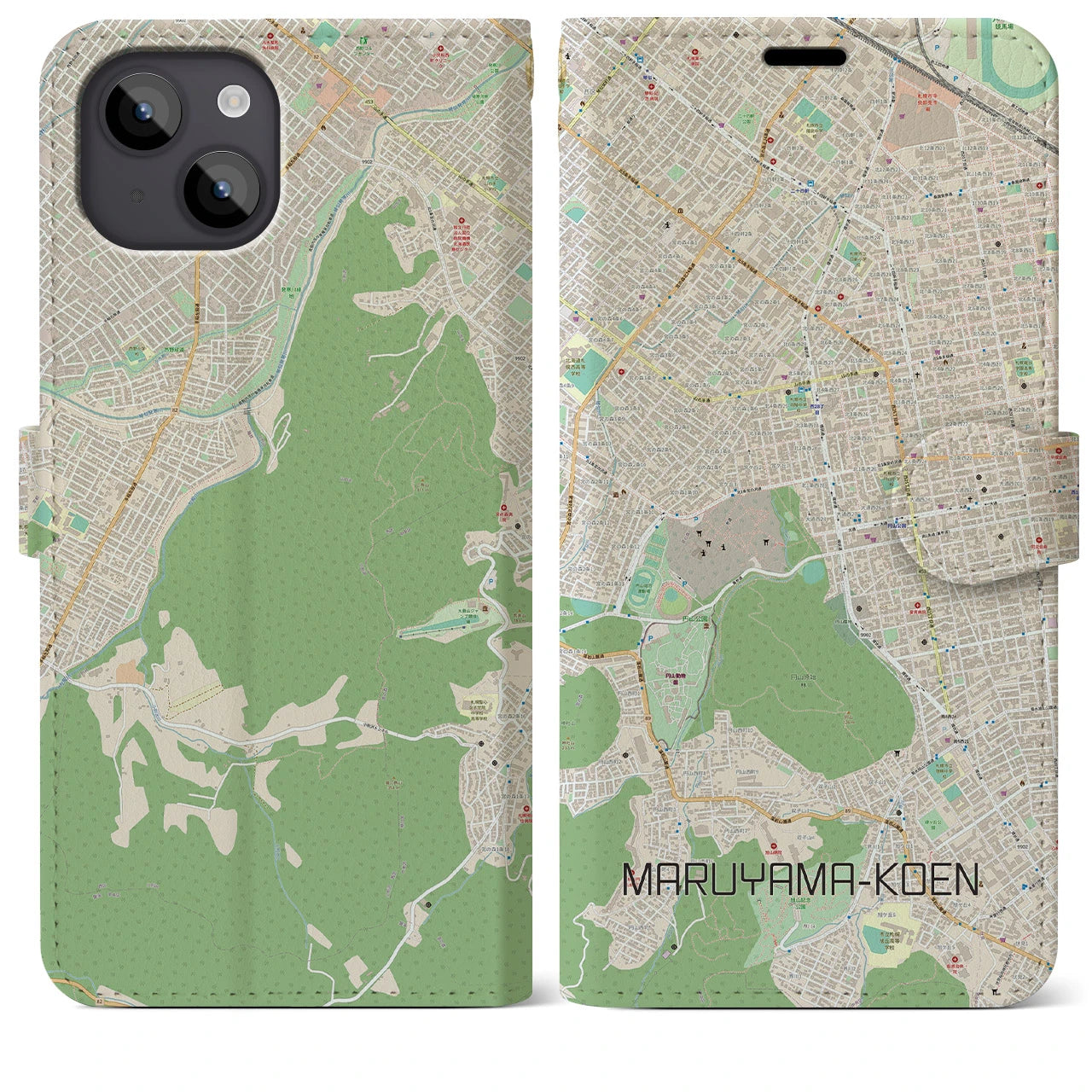 【円山公園(北海道)】地図柄iPhoneケース(手帳タイプ)ナチュラル・iPhone 14 Plus 用