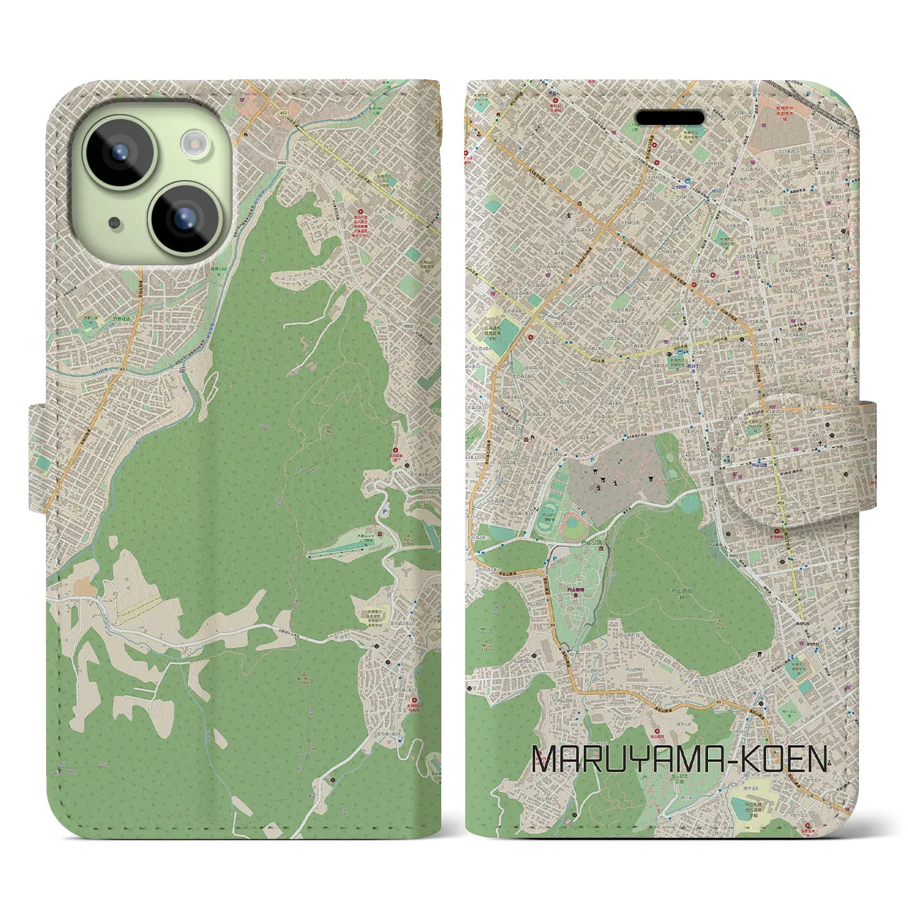【円山公園(北海道)】地図柄iPhoneケース(手帳タイプ)ナチュラル・iPhone 15 用