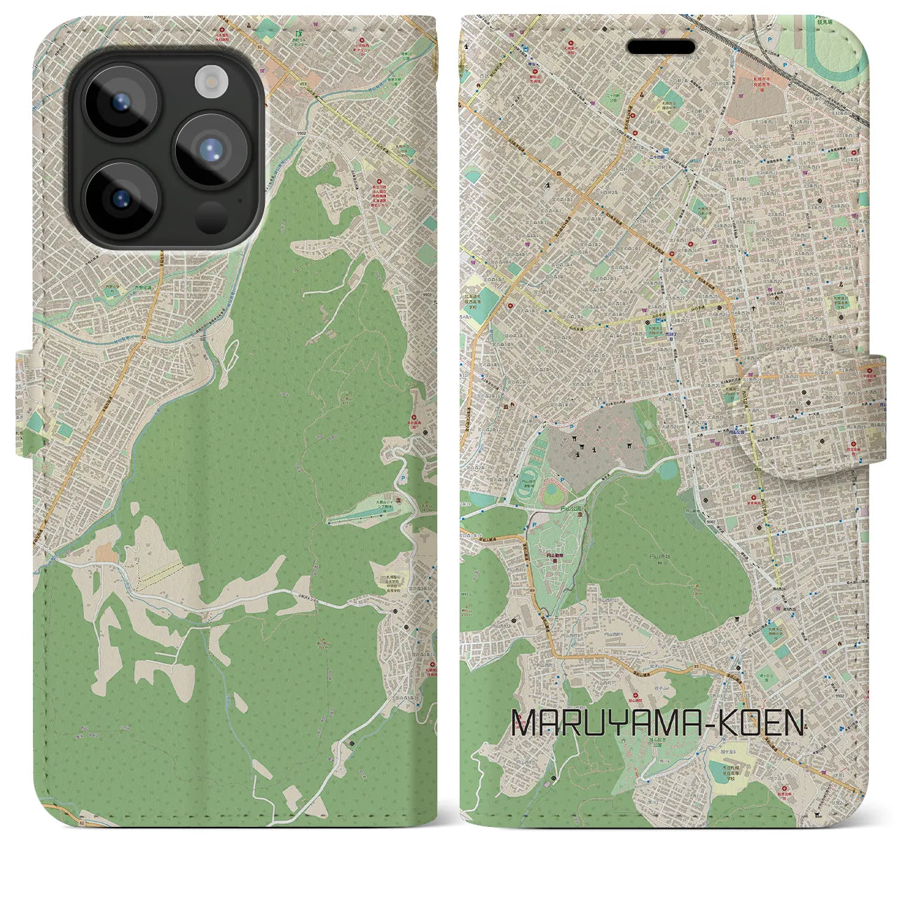 【円山公園(北海道)】地図柄iPhoneケース(手帳タイプ)ナチュラル・iPhone 15 Pro Max 用