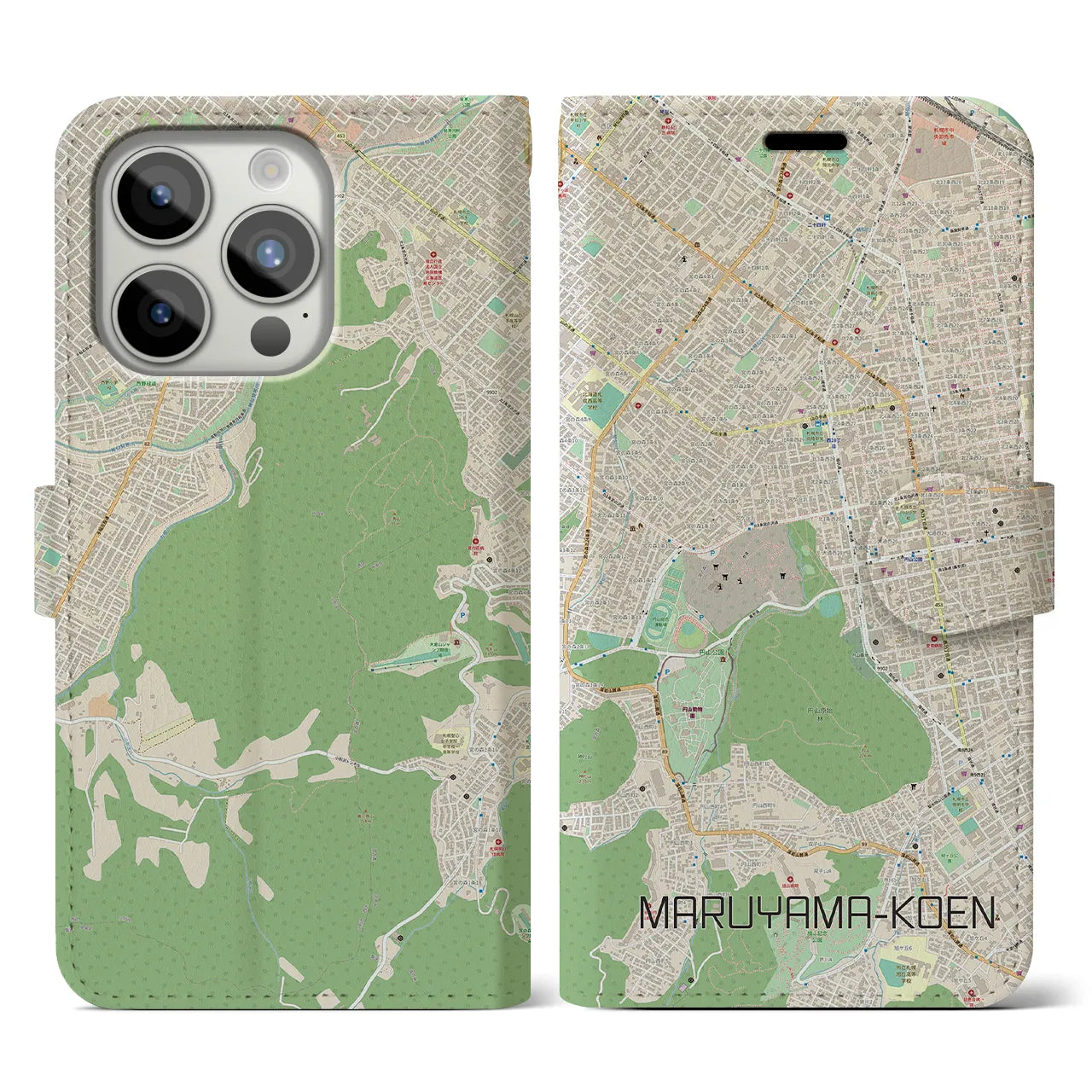 【円山公園(北海道)】地図柄iPhoneケース(手帳タイプ)ナチュラル・iPhone 15 Pro 用