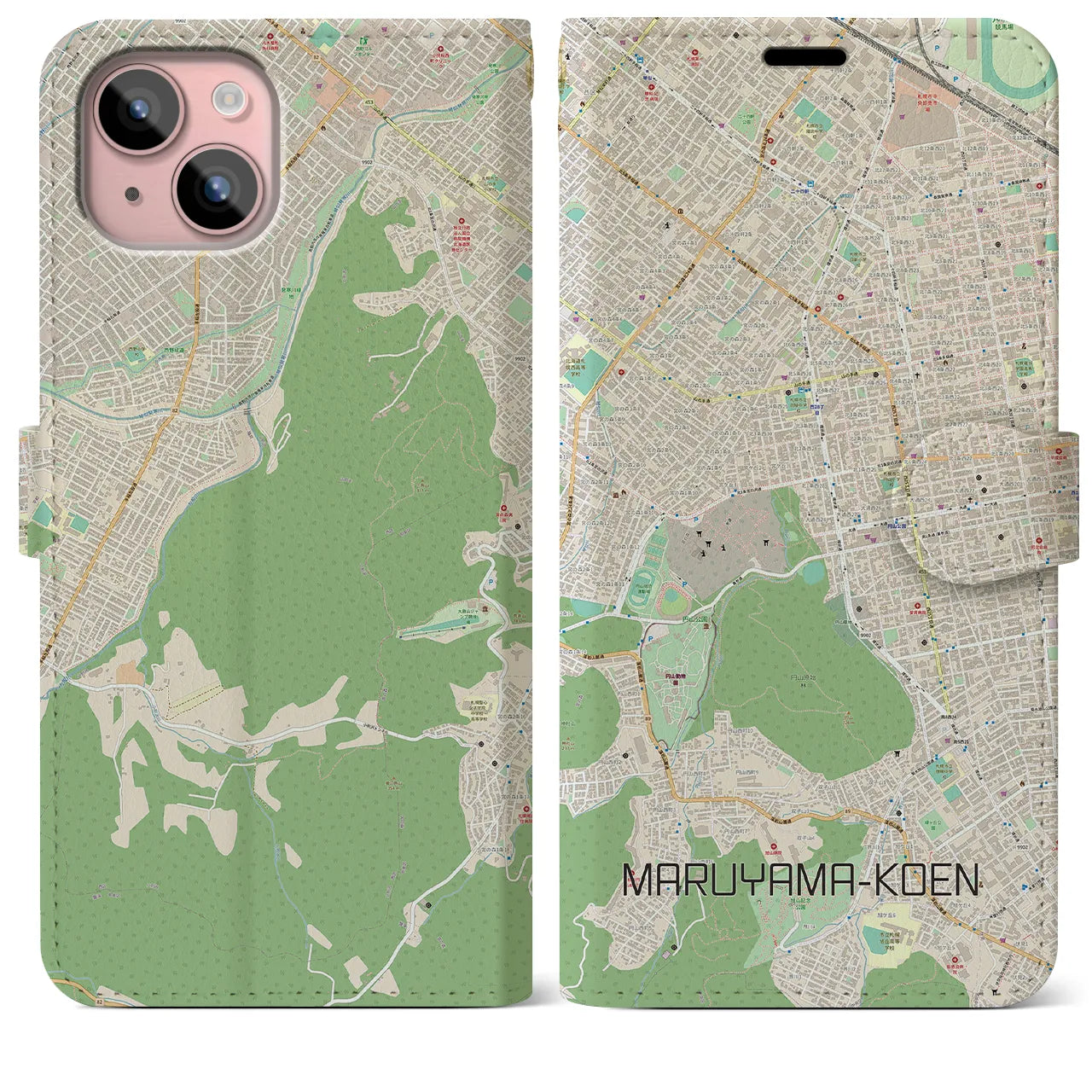 【円山公園(北海道)】地図柄iPhoneケース(手帳タイプ)ナチュラル・iPhone 15 Plus 用