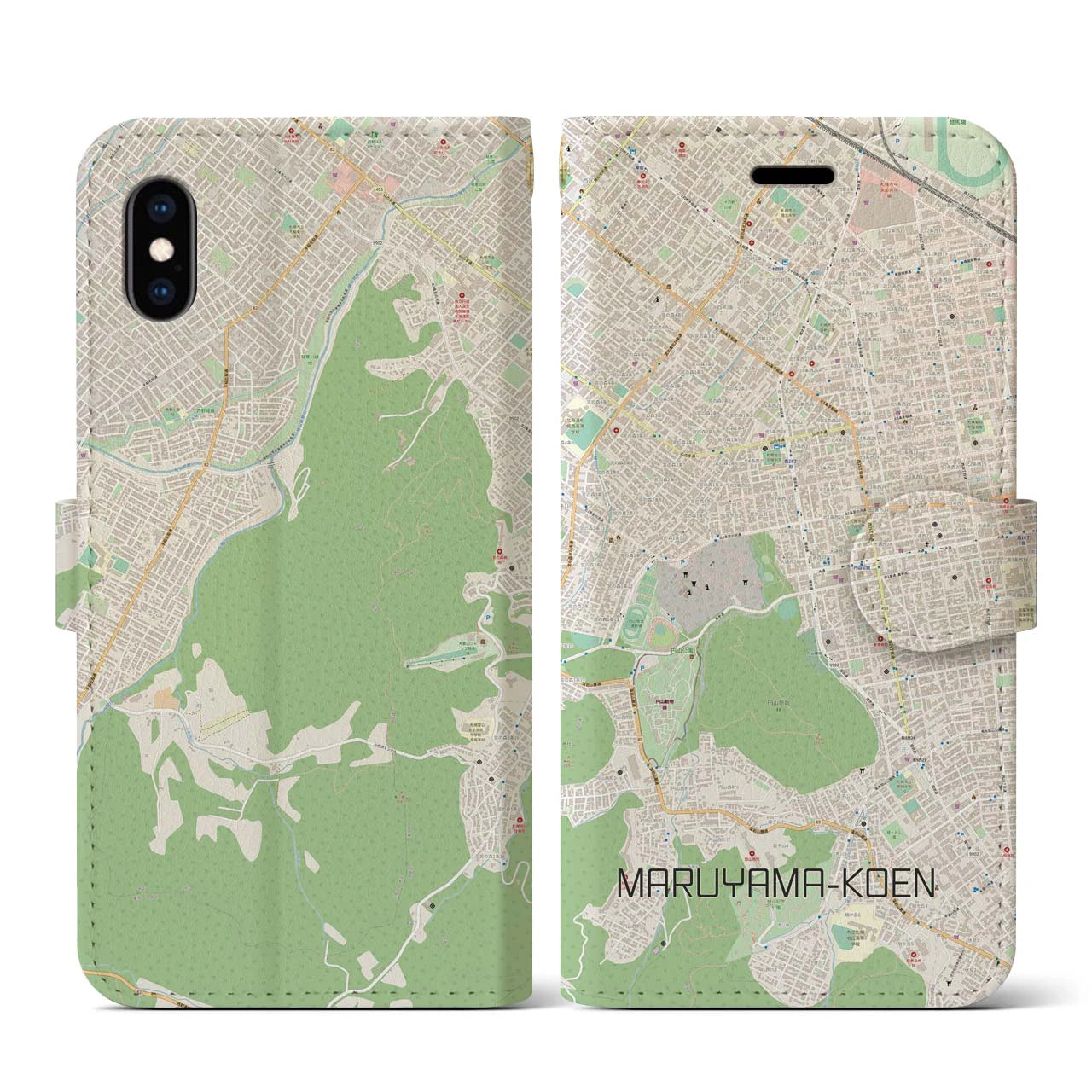 【円山公園(北海道)】地図柄iPhoneケース(手帳タイプ)ナチュラル・iPhone XS / X 用