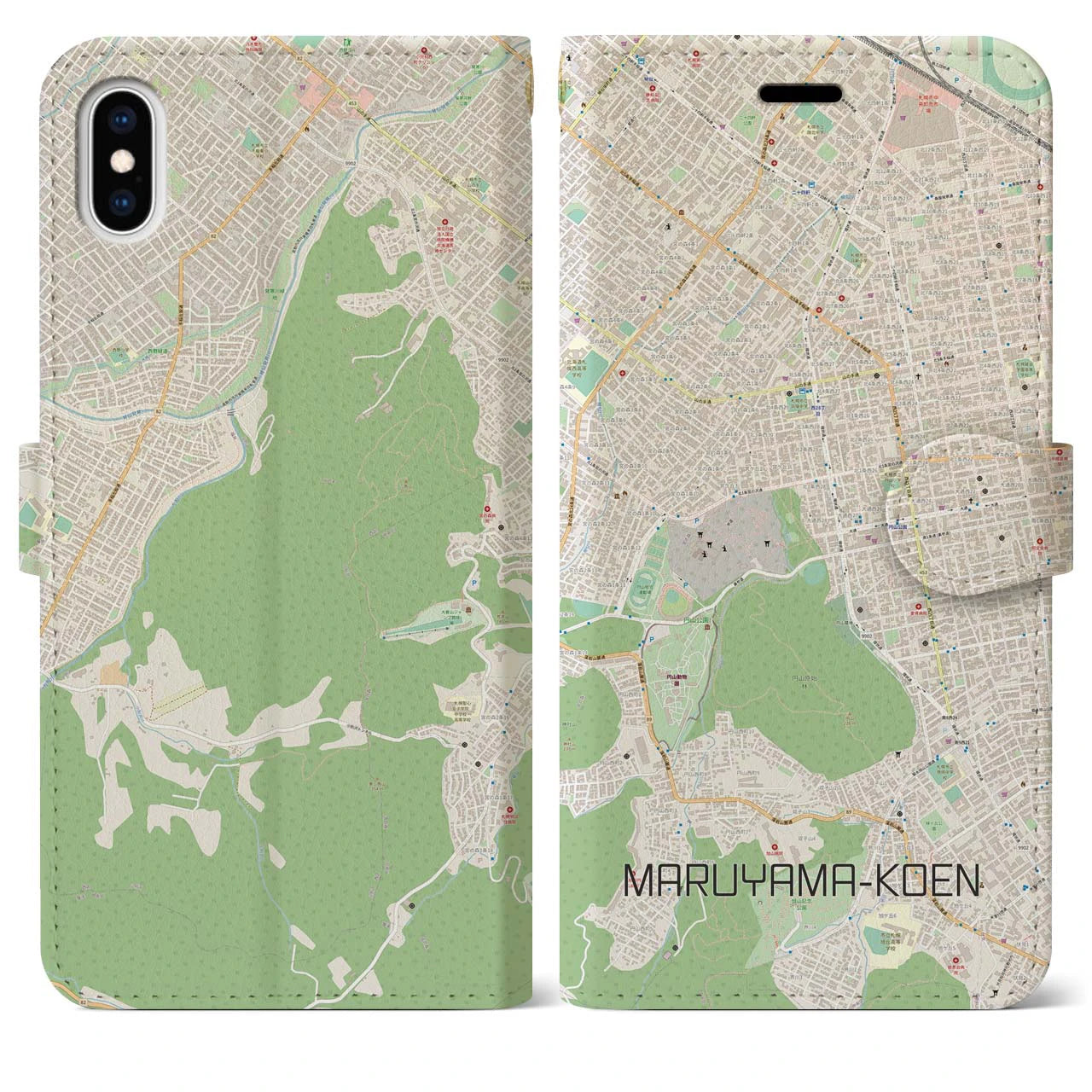 【円山公園(北海道)】地図柄iPhoneケース(手帳タイプ)ナチュラル・iPhone XS Max 用
