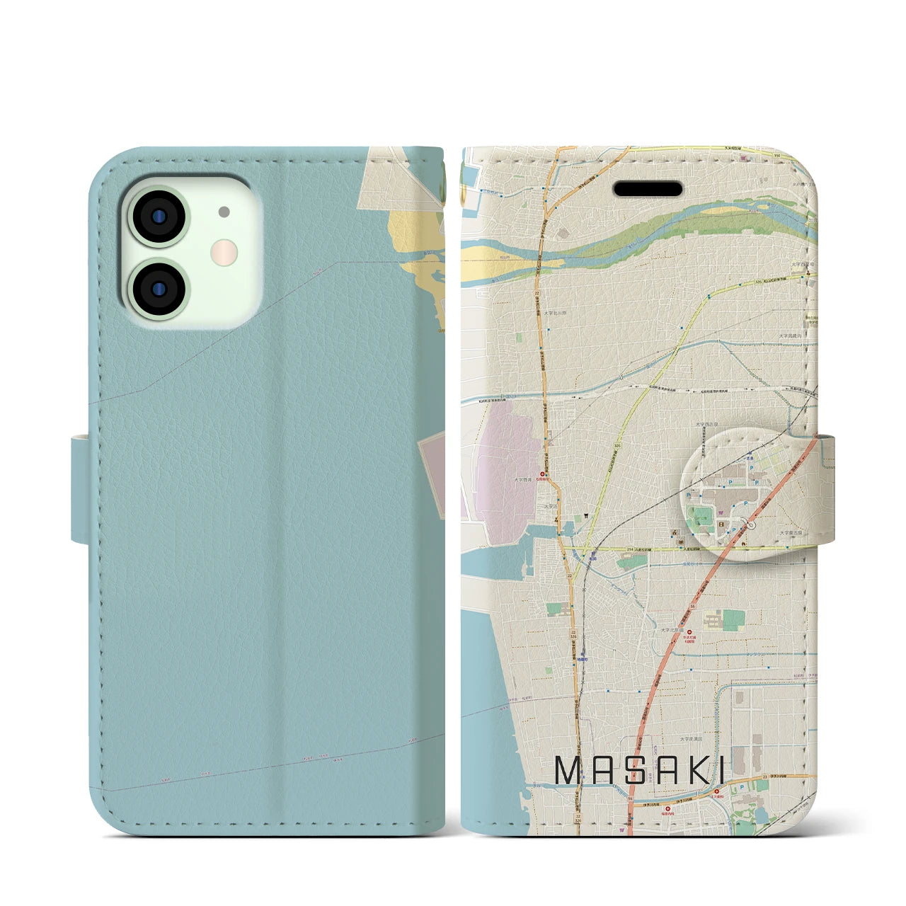 【松前(愛媛県)】地図柄iPhoneケース(手帳タイプ)ナチュラル・iPhone 12 mini 用