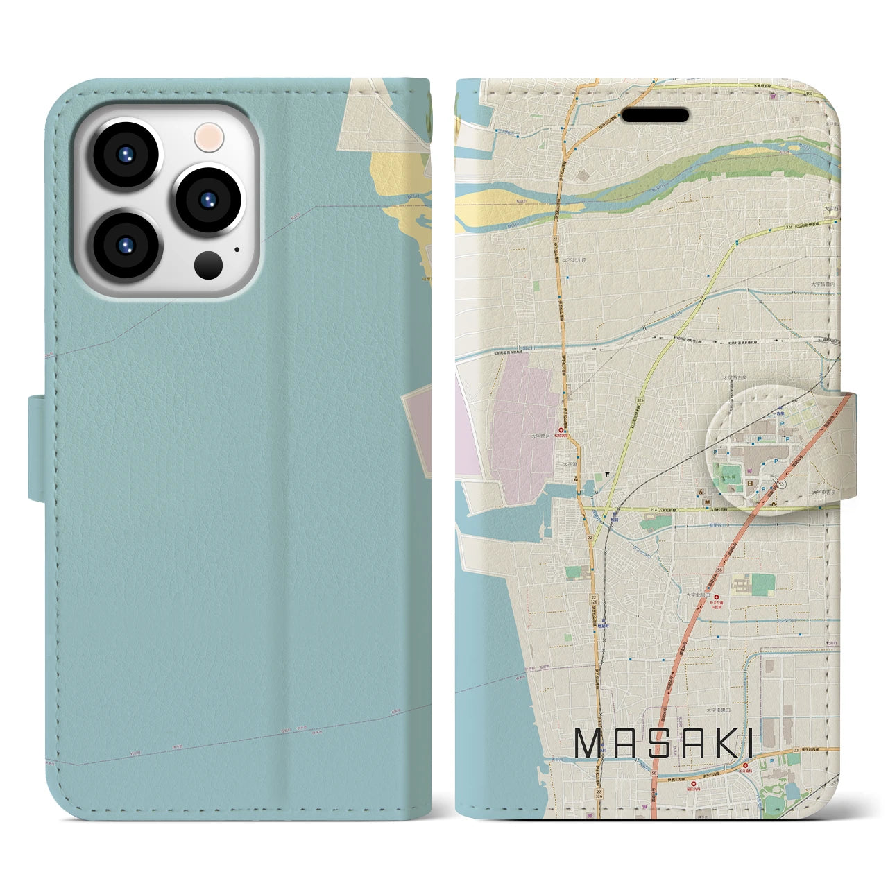【松前(愛媛県)】地図柄iPhoneケース(手帳タイプ)ナチュラル・iPhone 13 Pro 用
