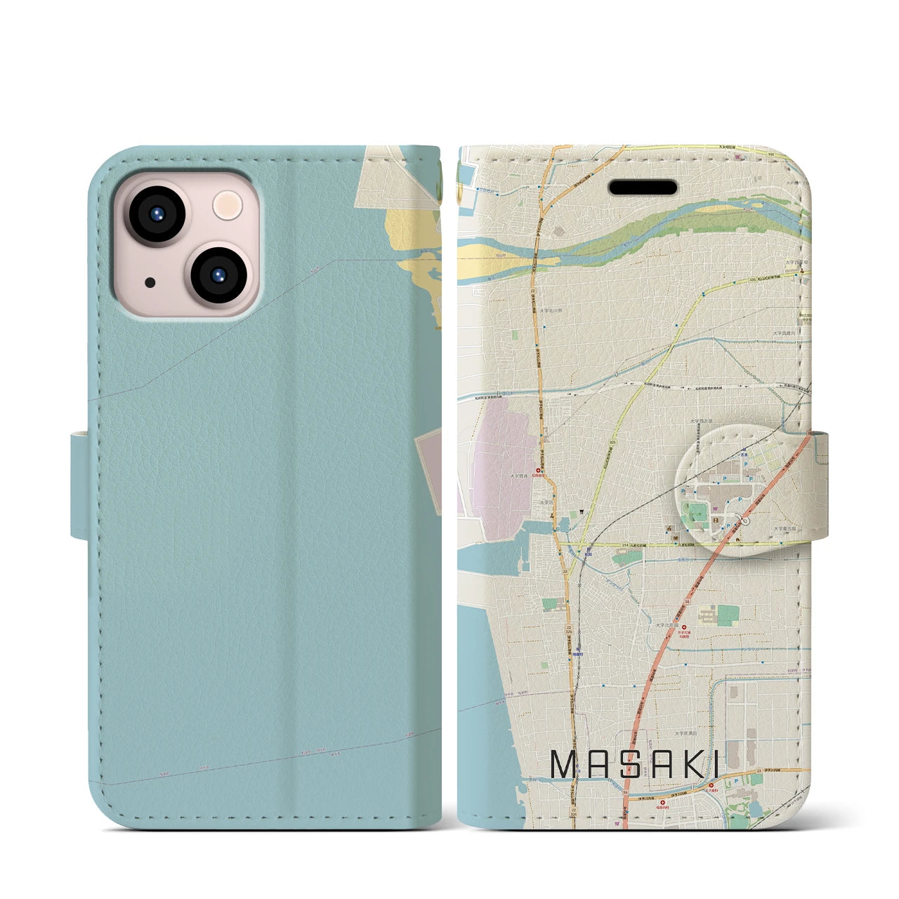【松前(愛媛県)】地図柄iPhoneケース(手帳タイプ)ナチュラル・iPhone 13 mini 用