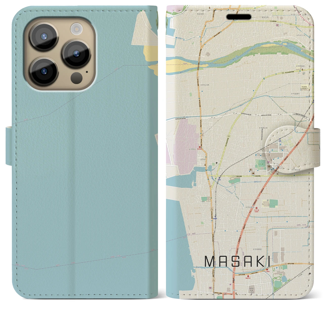 【松前(愛媛県)】地図柄iPhoneケース(手帳タイプ)ナチュラル・iPhone 14 Pro Max 用