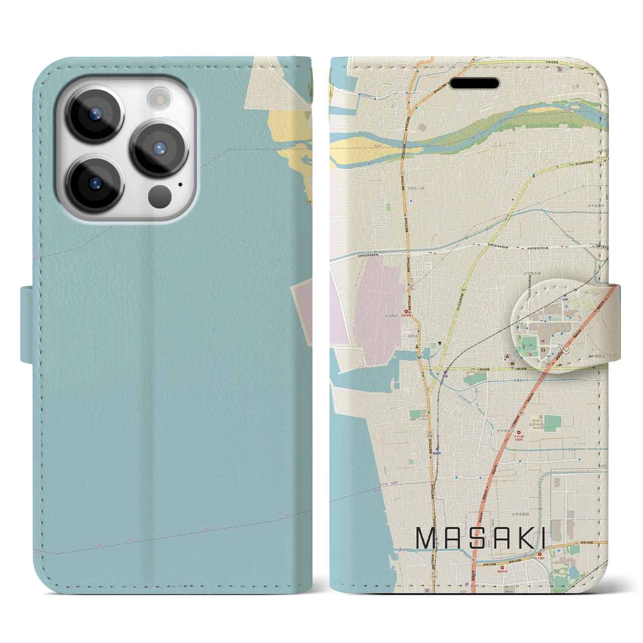 【松前(愛媛県)】地図柄iPhoneケース(手帳タイプ)ナチュラル・iPhone 14 Pro 用