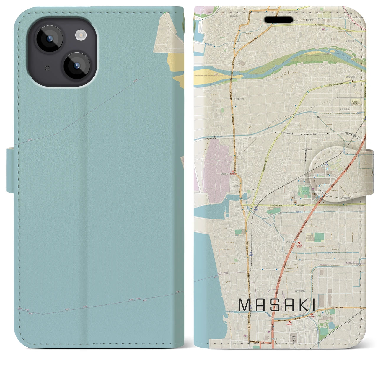 【松前(愛媛県)】地図柄iPhoneケース(手帳タイプ)ナチュラル・iPhone 14 Plus 用