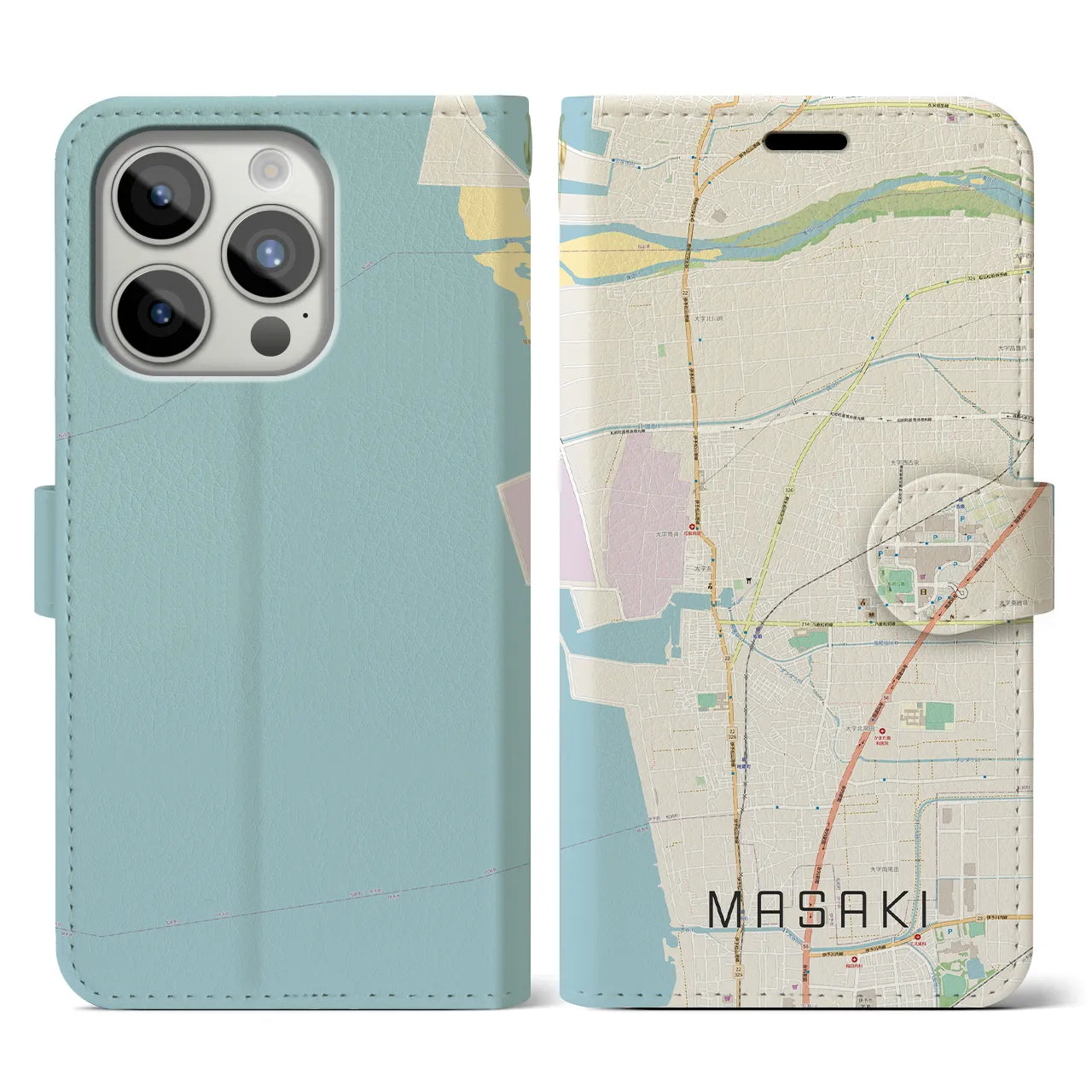 【松前(愛媛県)】地図柄iPhoneケース(手帳タイプ)ナチュラル・iPhone 15 Pro 用