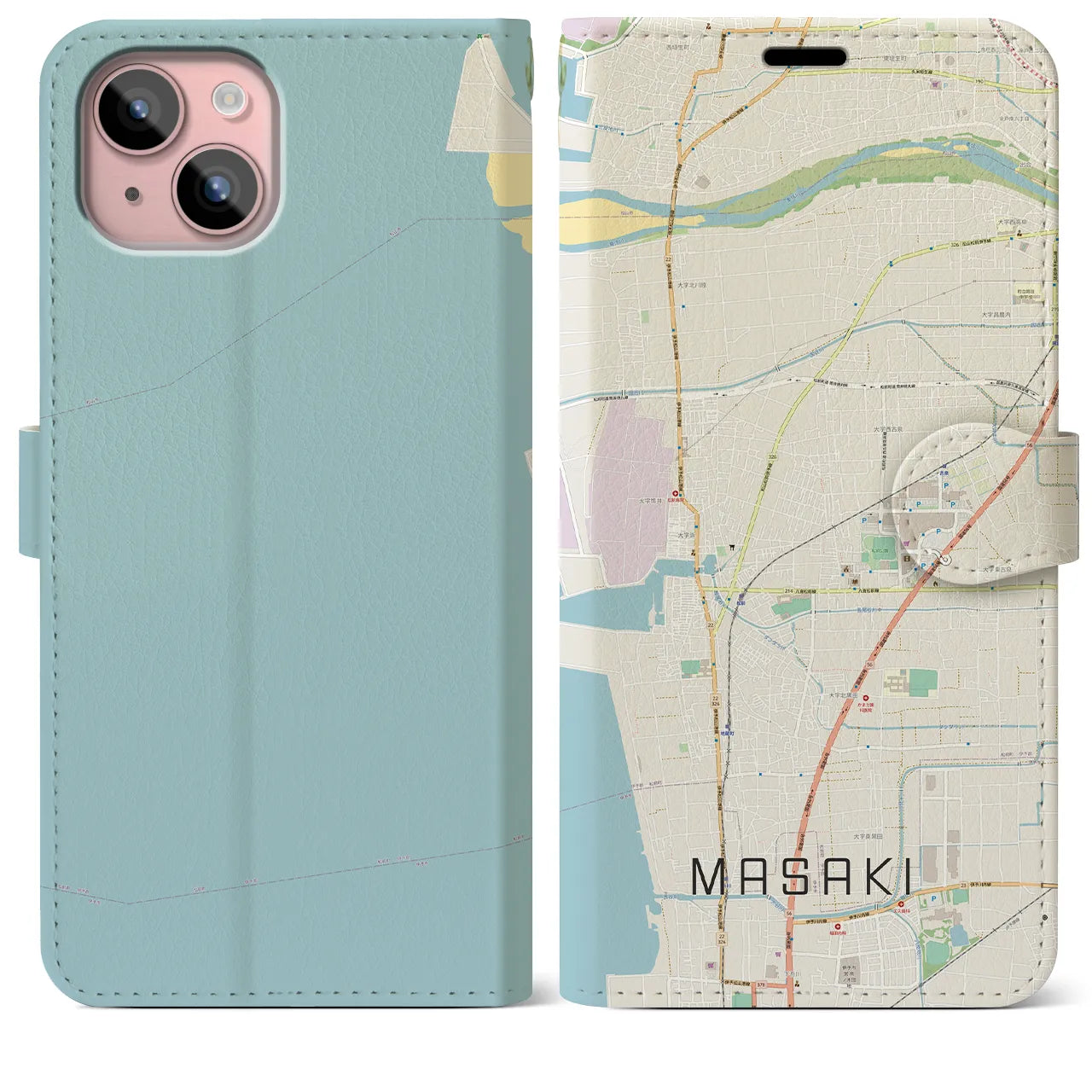 【松前(愛媛県)】地図柄iPhoneケース(手帳タイプ)ナチュラル・iPhone 15 Plus 用