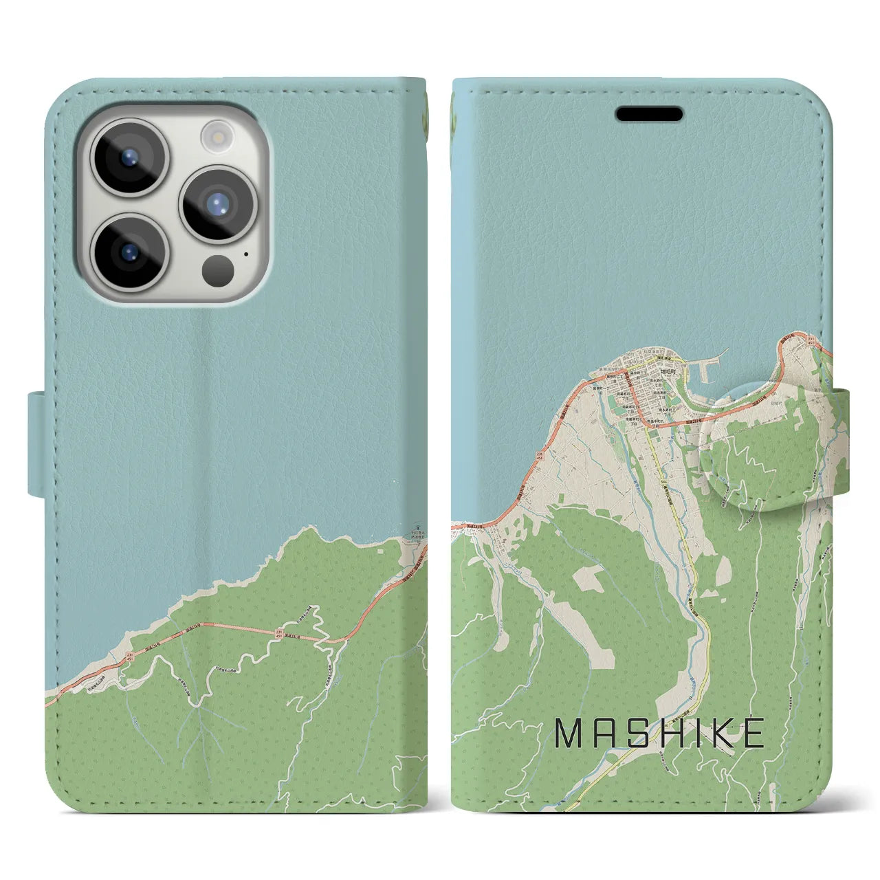 【増毛(北海道)】地図柄iPhoneケース(手帳タイプ)ナチュラル・iPhone 15 Pro 用