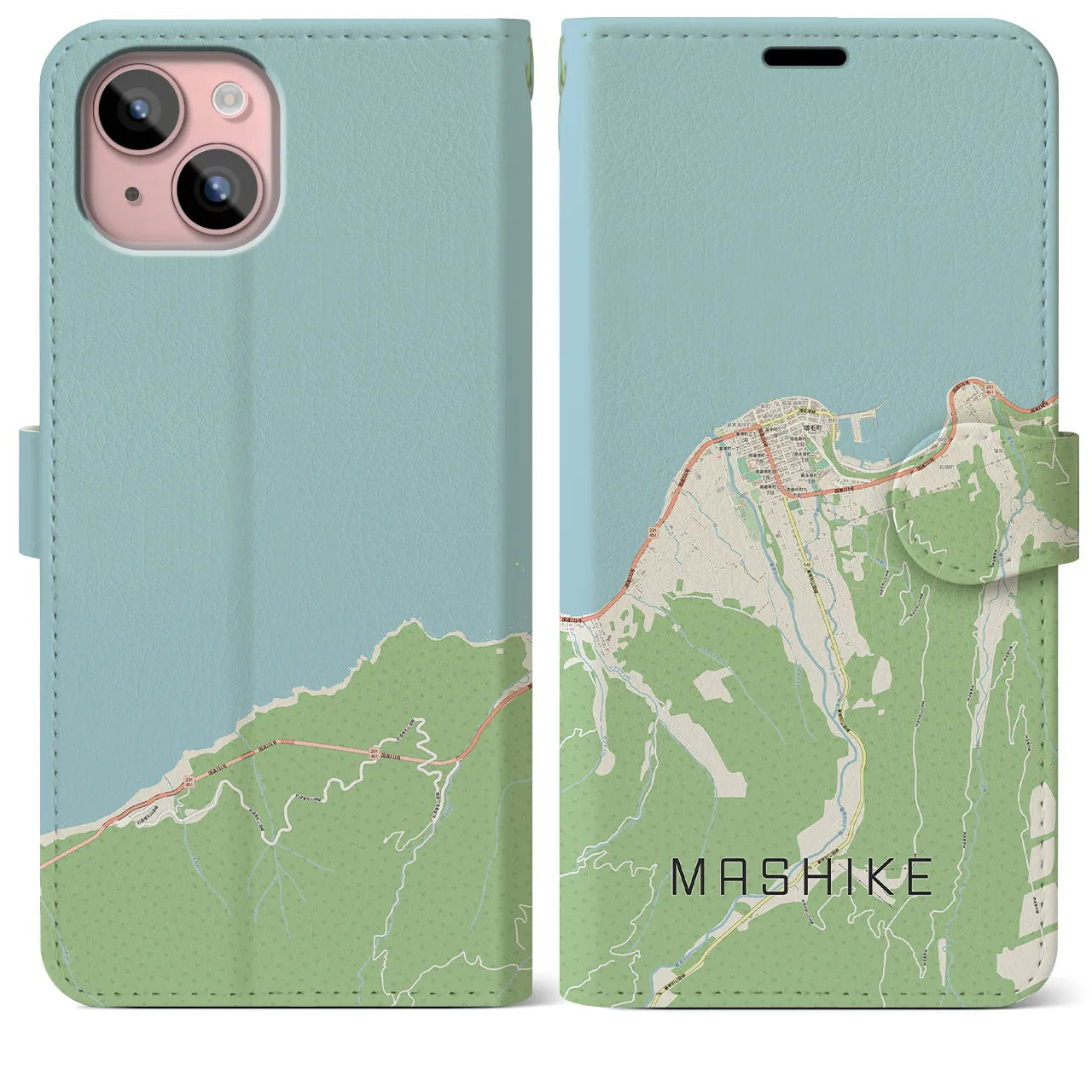 【増毛(北海道)】地図柄iPhoneケース(手帳タイプ)ナチュラル・iPhone 15 Plus 用