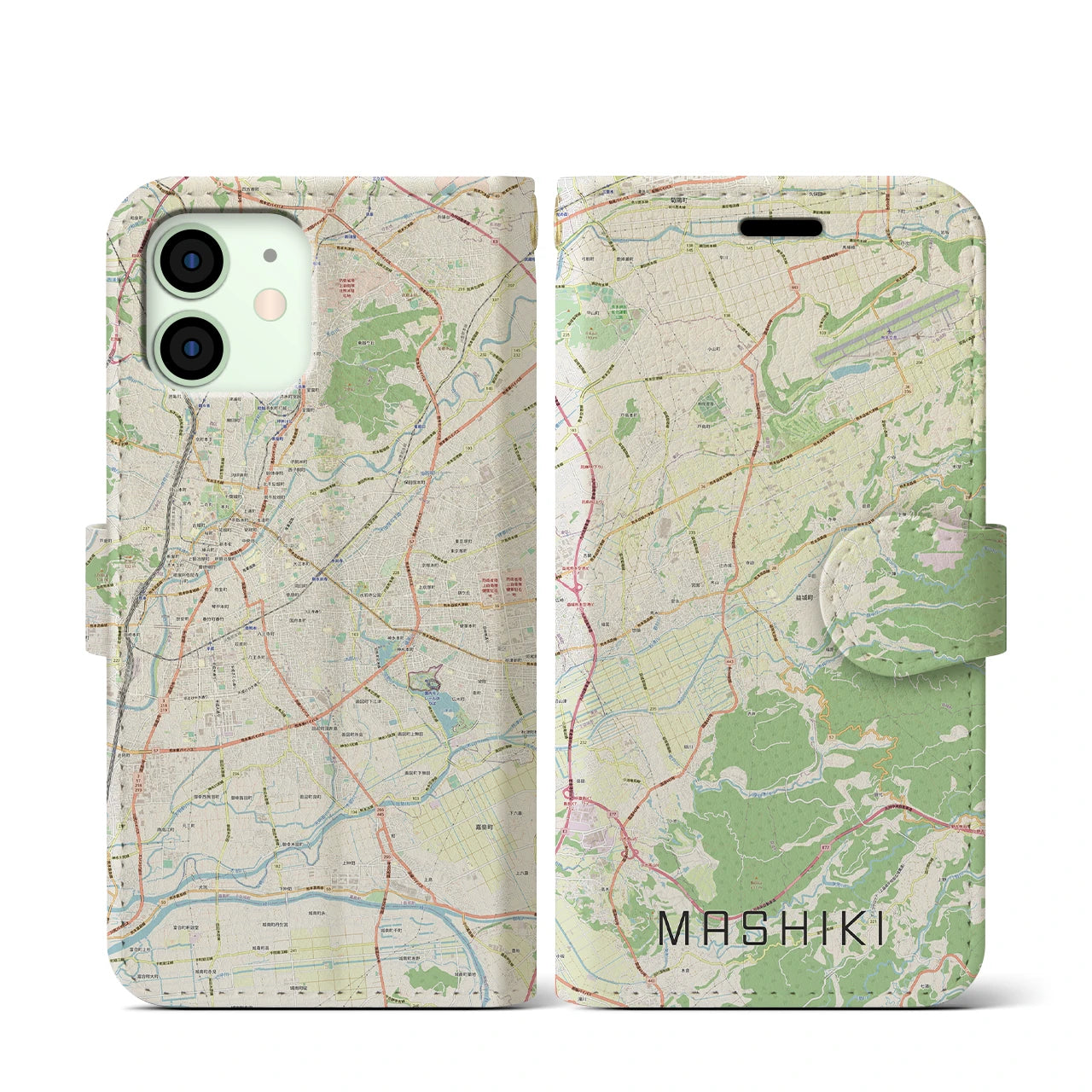 【益城(熊本県)】地図柄iPhoneケース(手帳タイプ)ナチュラル・iPhone 12 mini 用