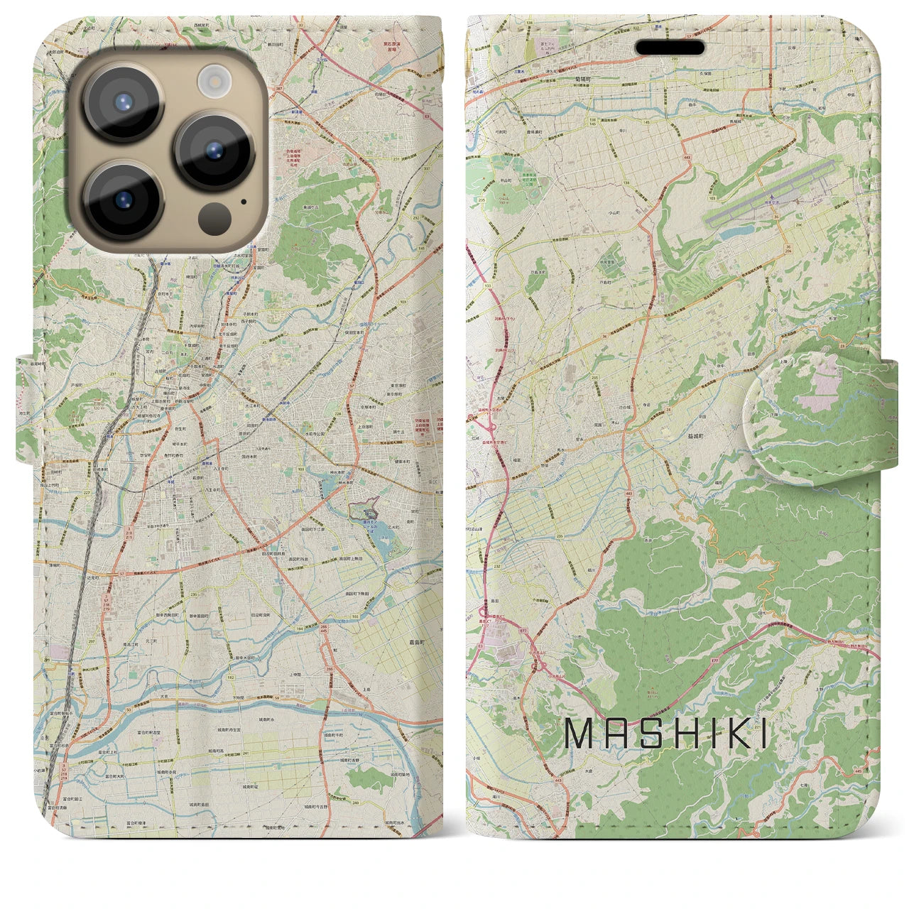 【益城(熊本県)】地図柄iPhoneケース(手帳タイプ)ナチュラル・iPhone 14 Pro Max 用