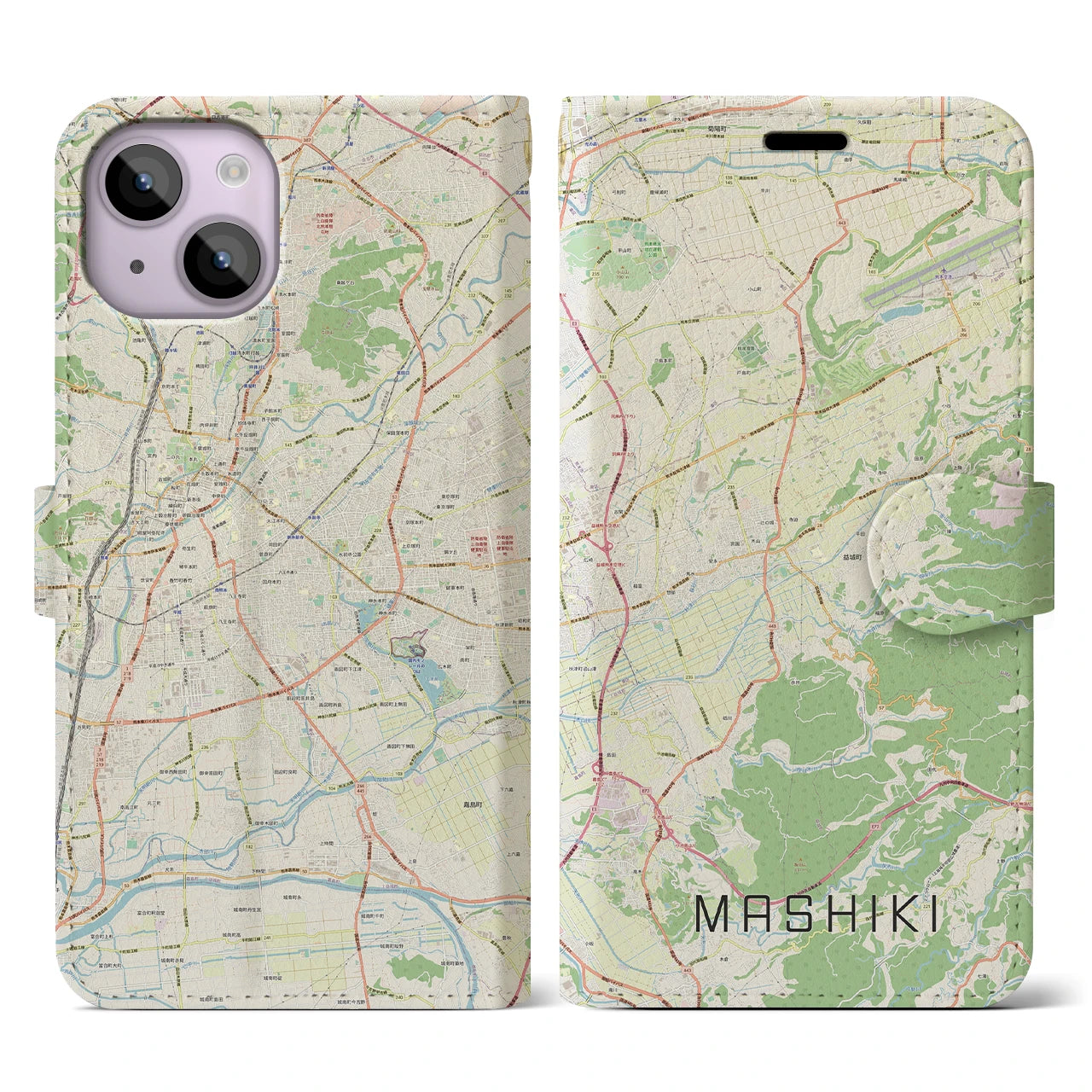 【益城(熊本県)】地図柄iPhoneケース(手帳タイプ)ナチュラル・iPhone 14 用