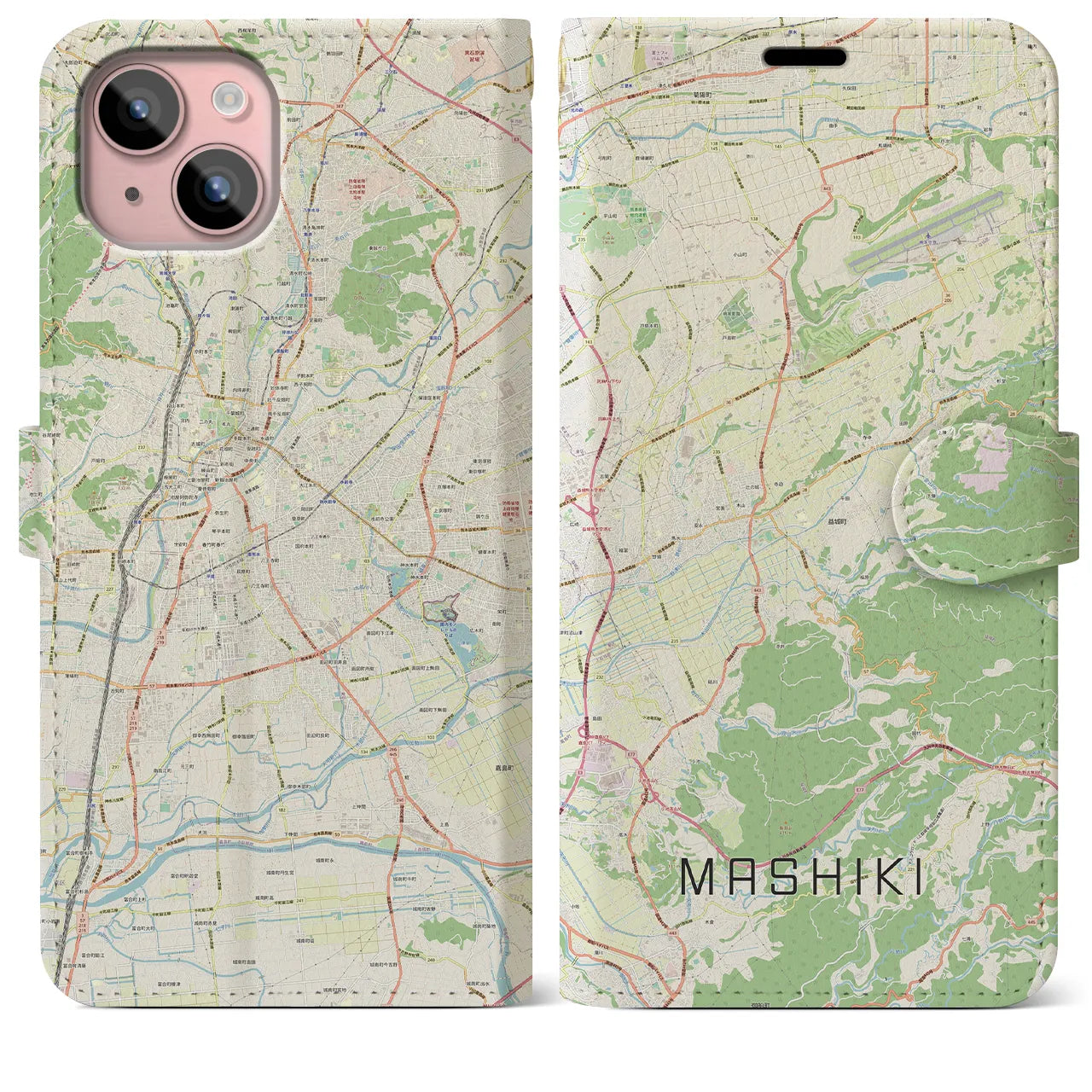 【益城(熊本県)】地図柄iPhoneケース(手帳タイプ)ナチュラル・iPhone 15 Plus 用