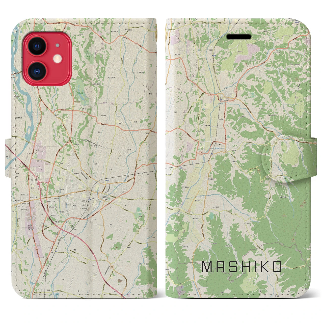 【益子(栃木県)】地図柄iPhoneケース(手帳タイプ)ナチュラル・iPhone 11 用