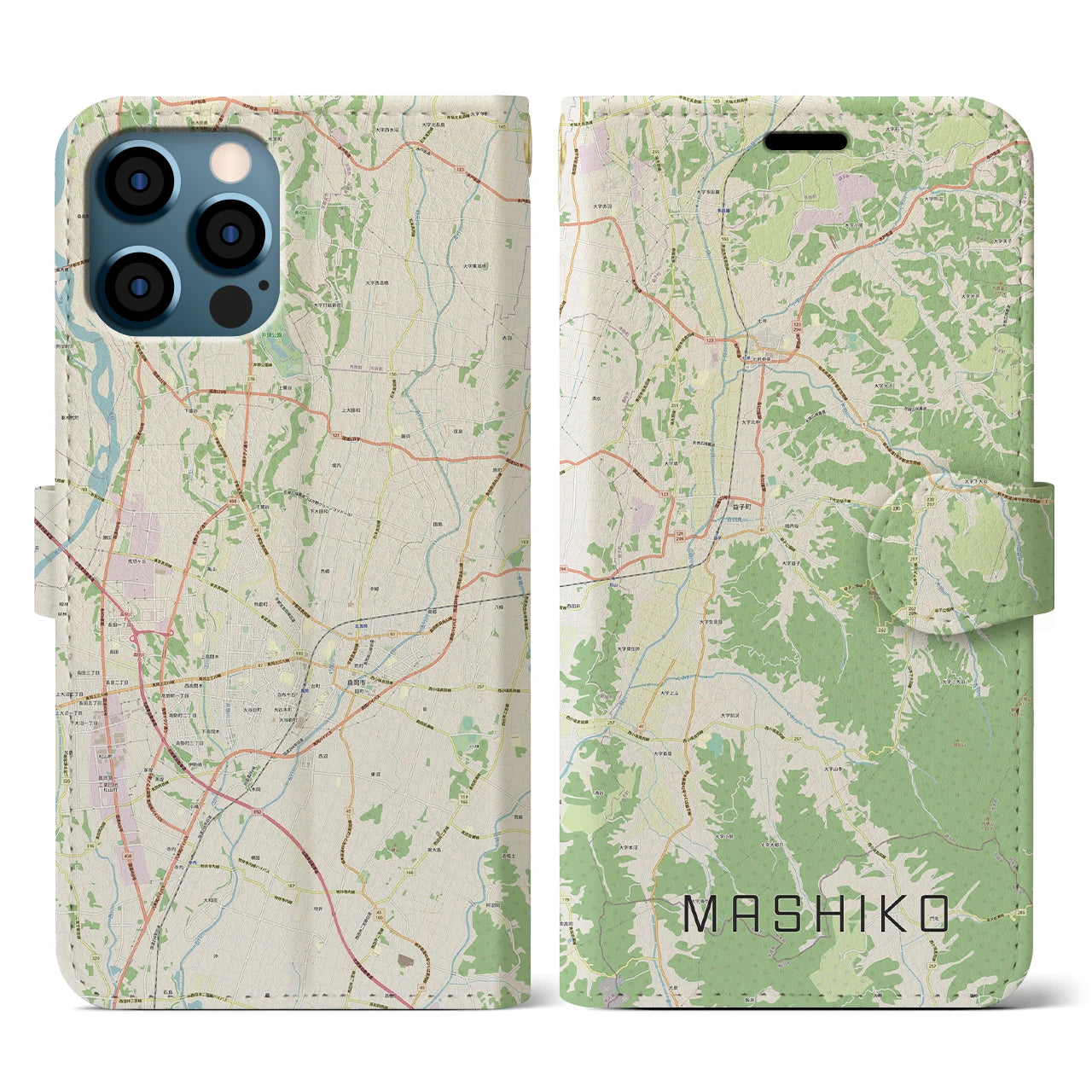 【益子(栃木県)】地図柄iPhoneケース(手帳タイプ)ナチュラル・iPhone 12 / 12 Pro 用