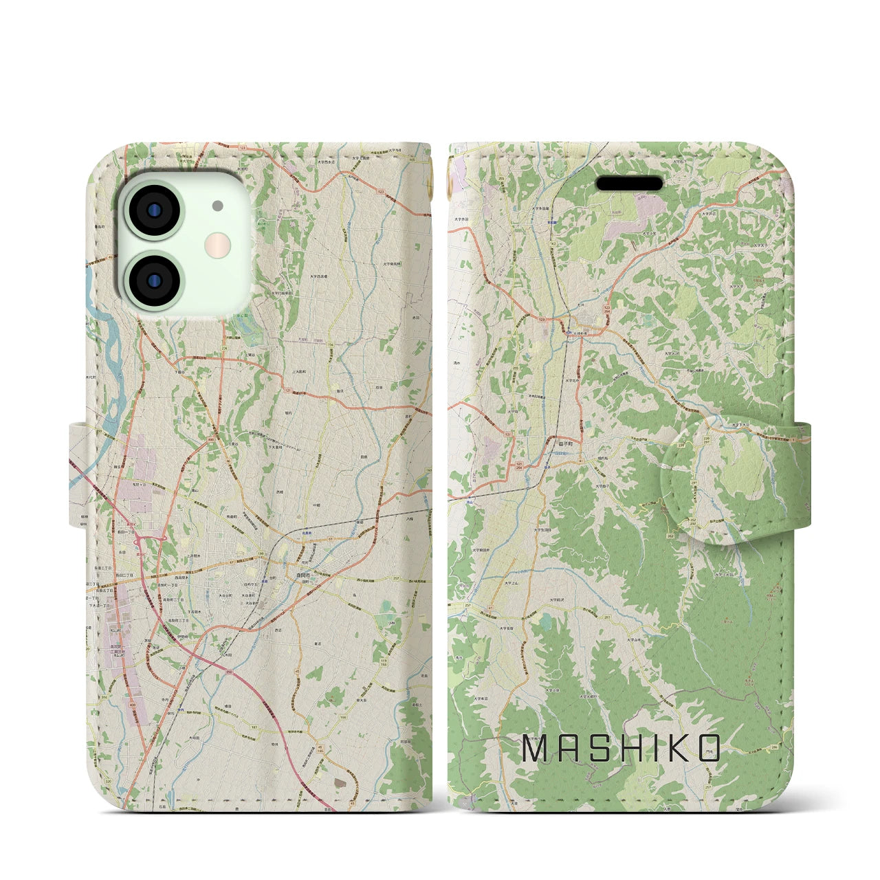 【益子(栃木県)】地図柄iPhoneケース(手帳タイプ)ナチュラル・iPhone 12 mini 用