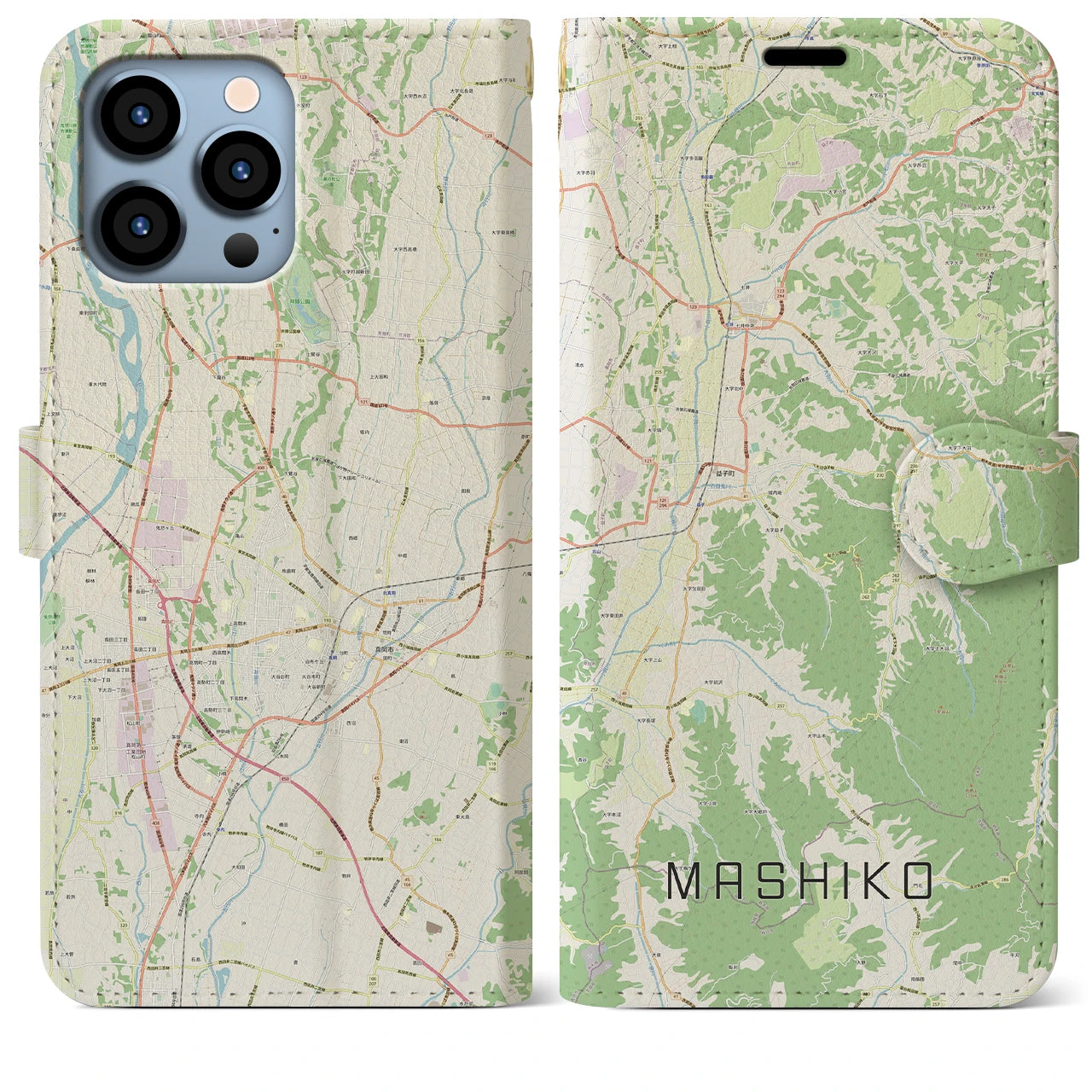 【益子(栃木県)】地図柄iPhoneケース(手帳タイプ)ナチュラル・iPhone 13 Pro Max 用