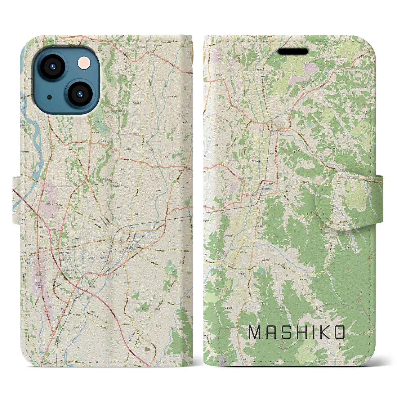 【益子(栃木県)】地図柄iPhoneケース(手帳タイプ)ナチュラル・iPhone 13 用