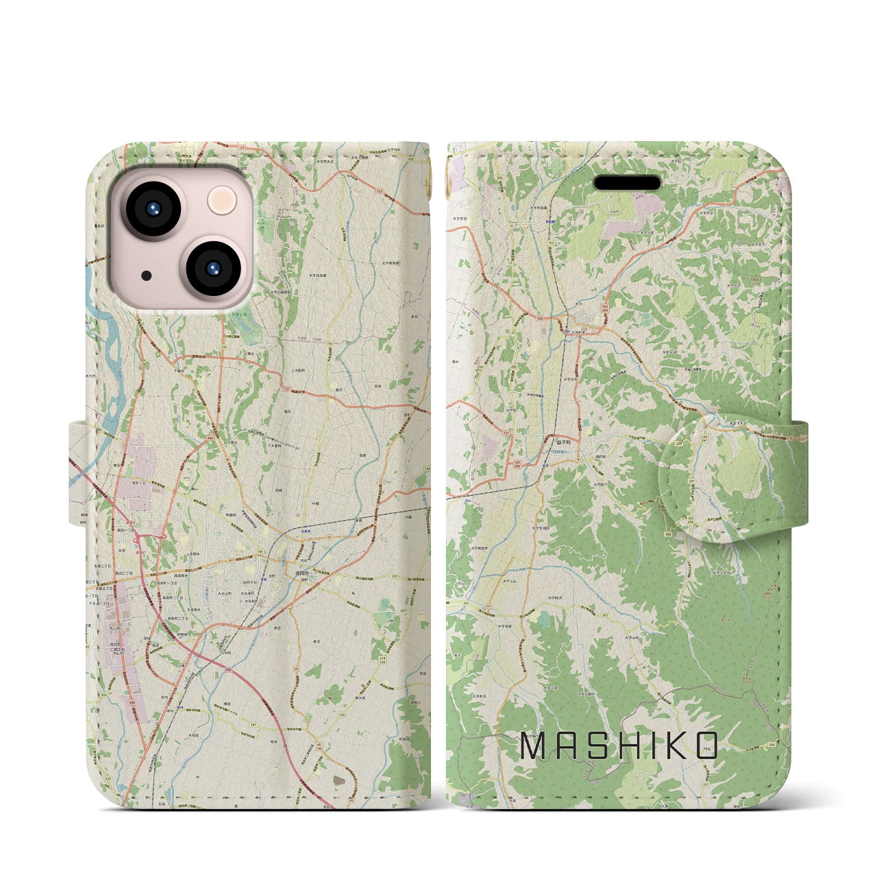 【益子(栃木県)】地図柄iPhoneケース(手帳タイプ)ナチュラル・iPhone 13 mini 用