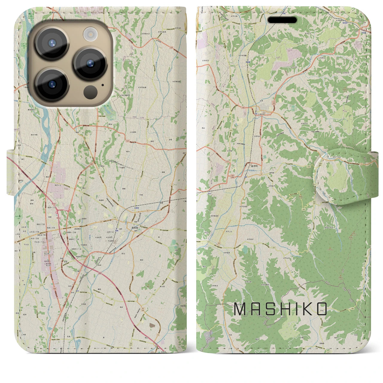 【益子(栃木県)】地図柄iPhoneケース(手帳タイプ)ナチュラル・iPhone 14 Pro Max 用