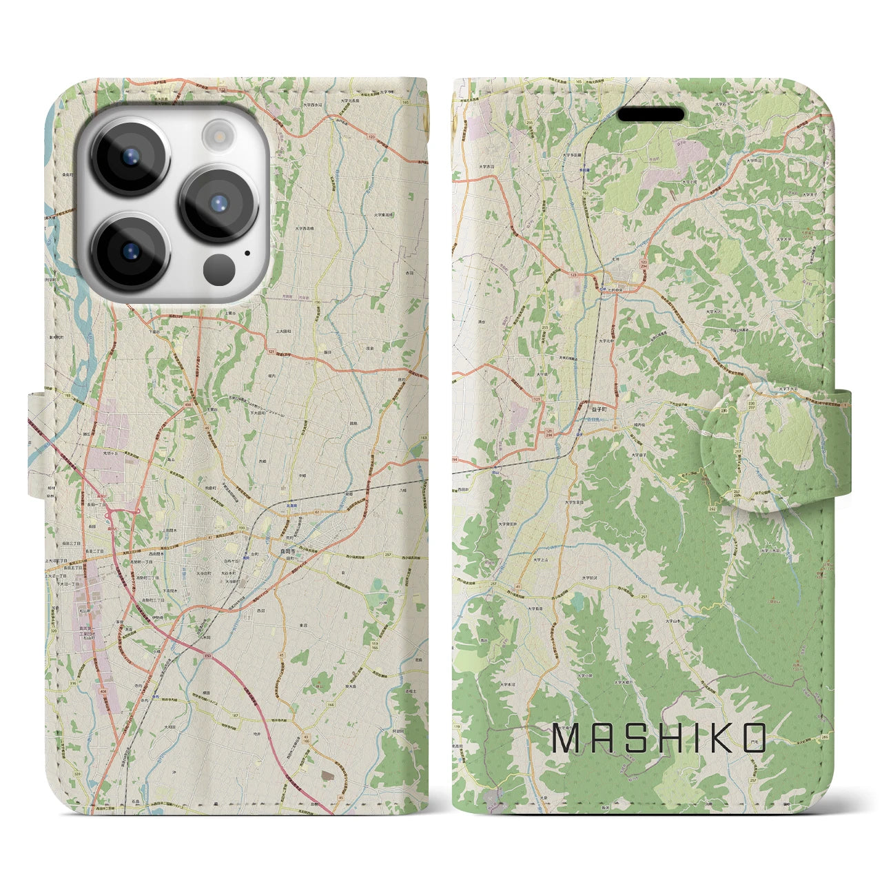 【益子(栃木県)】地図柄iPhoneケース(手帳タイプ)ナチュラル・iPhone 14 Pro 用