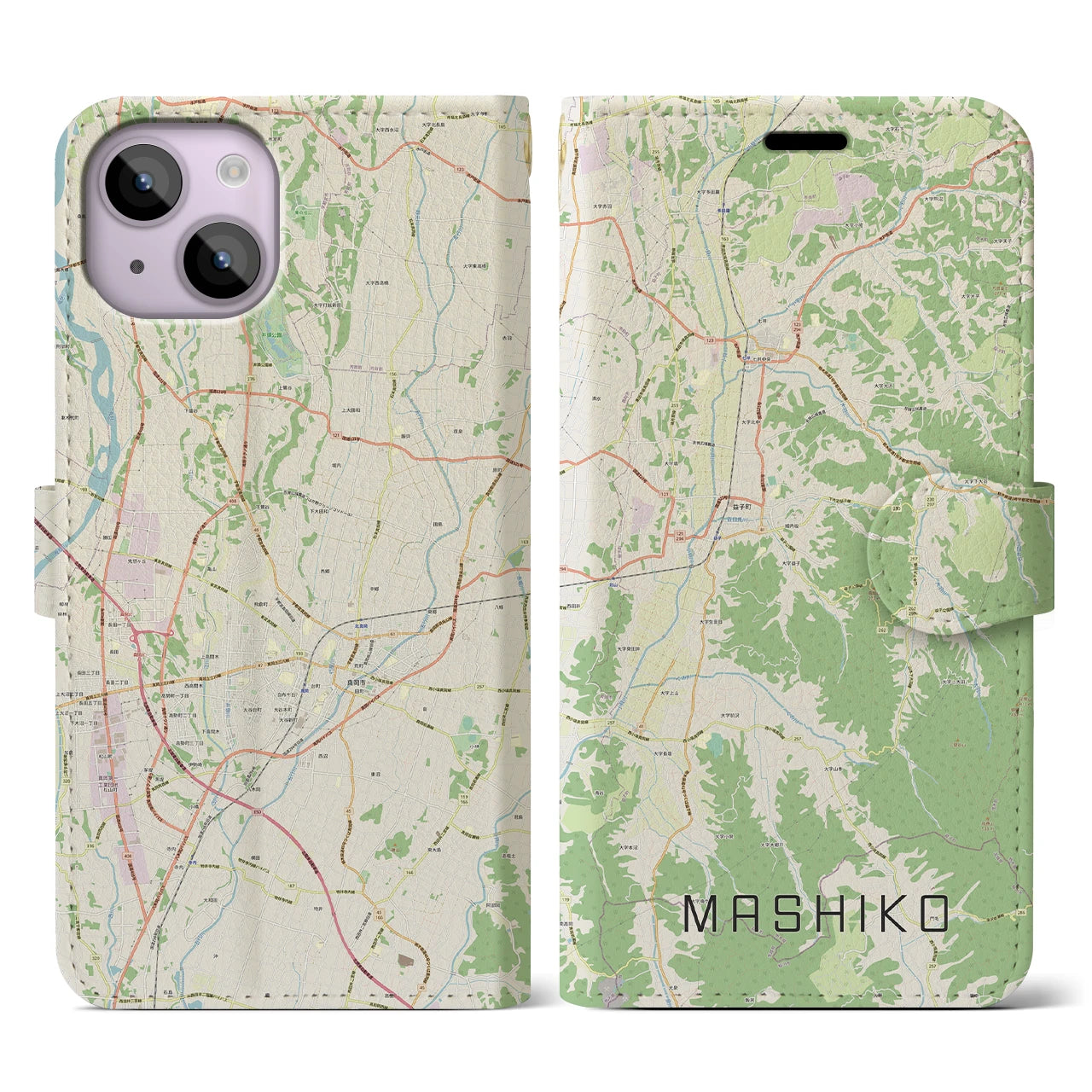 【益子(栃木県)】地図柄iPhoneケース(手帳タイプ)ナチュラル・iPhone 14 用