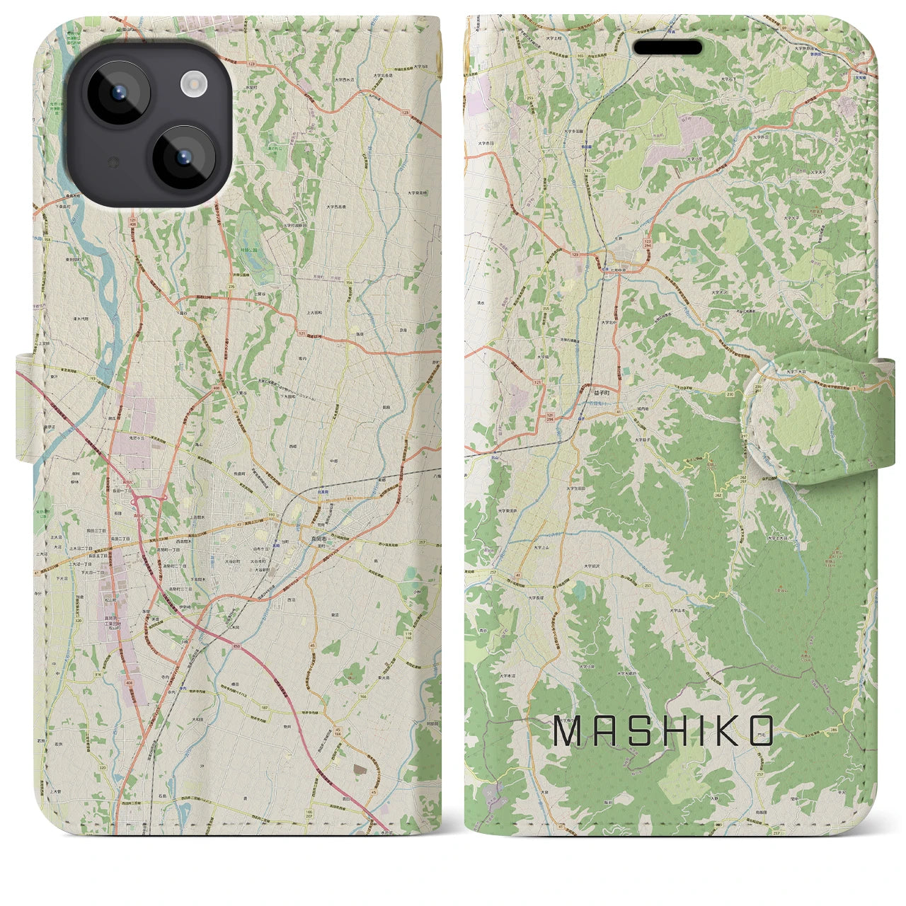 【益子(栃木県)】地図柄iPhoneケース(手帳タイプ)ナチュラル・iPhone 14 Plus 用
