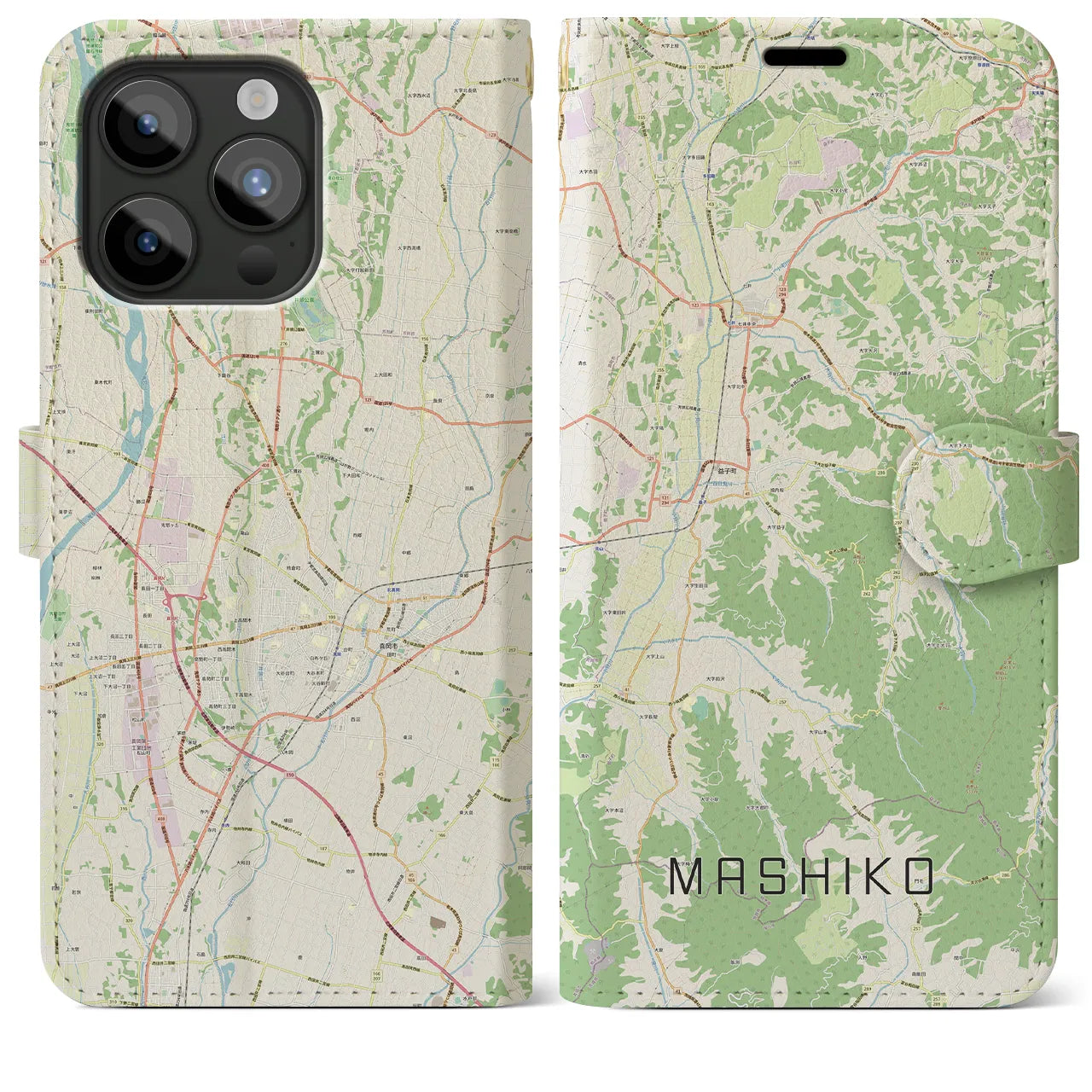 【益子(栃木県)】地図柄iPhoneケース(手帳タイプ)ナチュラル・iPhone 15 Pro Max 用