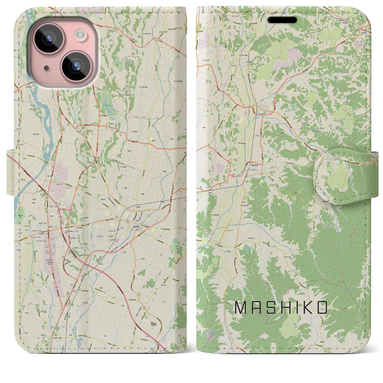 【益子(栃木県)】地図柄iPhoneケース(手帳タイプ)ナチュラル・iPhone 15 Plus 用