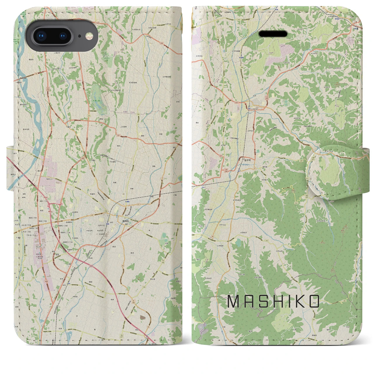 【益子(栃木県)】地図柄iPhoneケース(手帳タイプ)ナチュラル・iPhone 8Plus /7Plus / 6sPlus / 6Plus 用