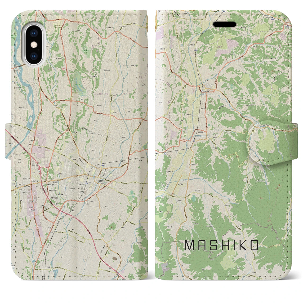 【益子(栃木県)】地図柄iPhoneケース(手帳タイプ)ナチュラル・iPhone XS Max 用