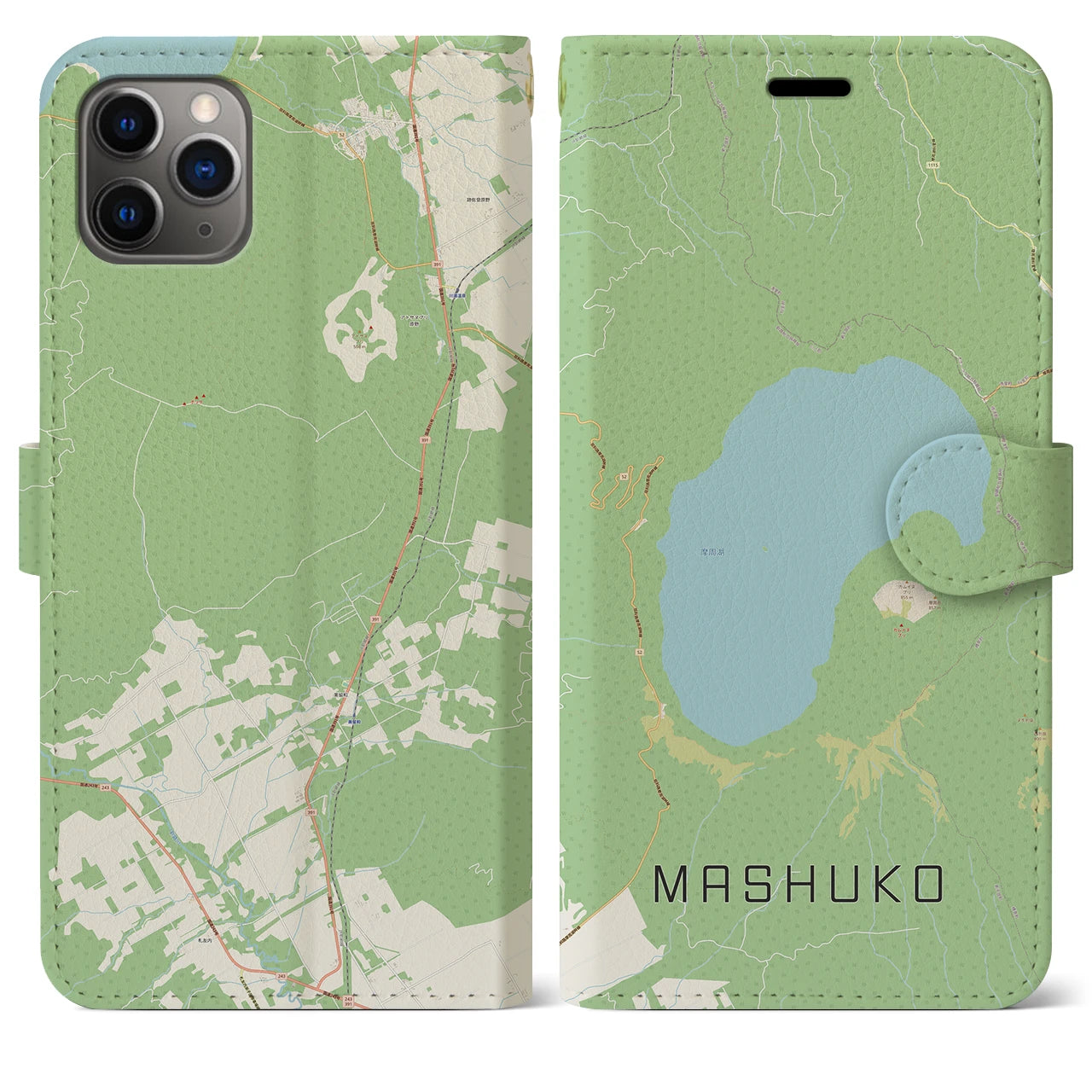 【摩周湖(北海道)】地図柄iPhoneケース(手帳タイプ)ナチュラル・iPhone 11 Pro Max 用