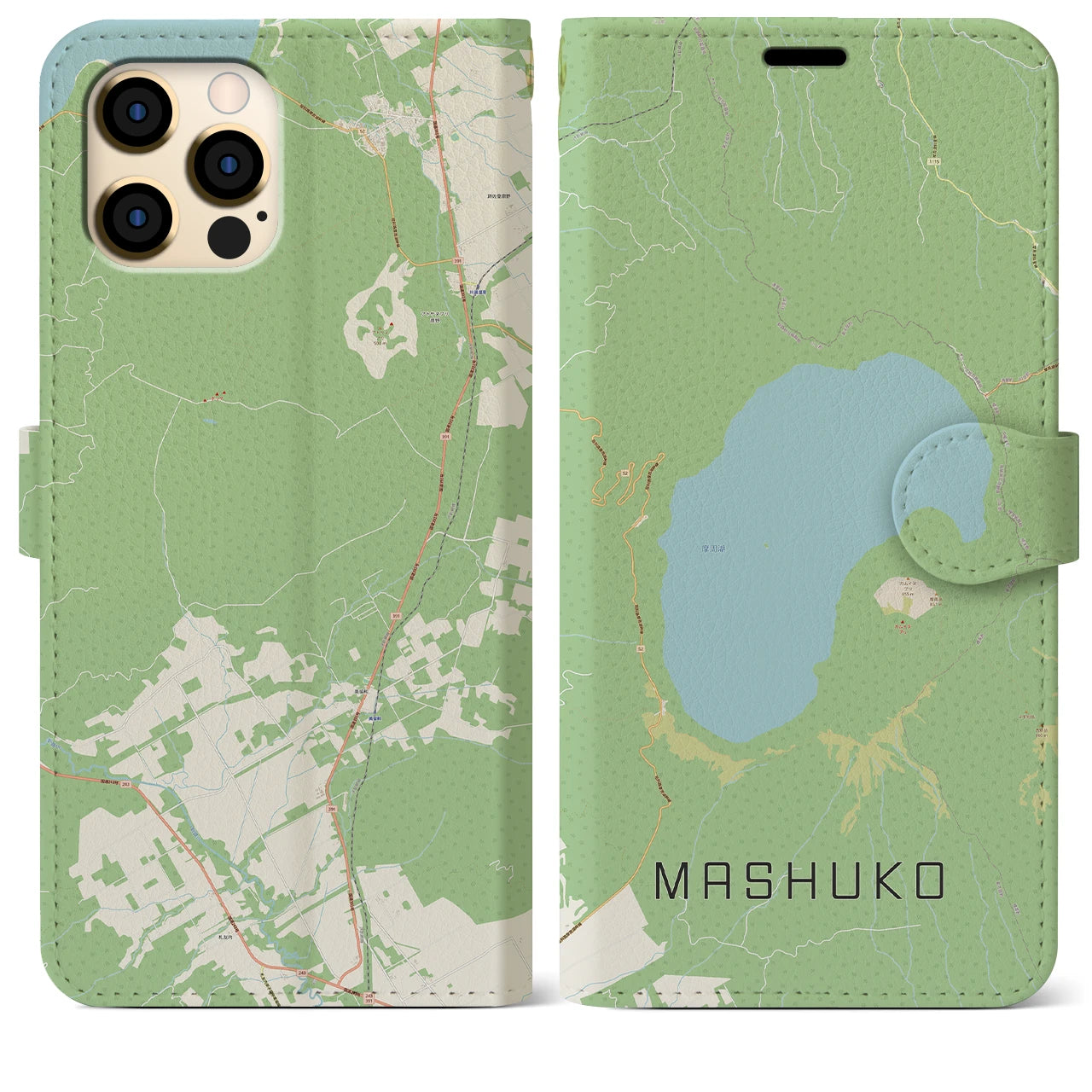 【摩周湖(北海道)】地図柄iPhoneケース(手帳タイプ)ナチュラル・iPhone 12 Pro Max 用